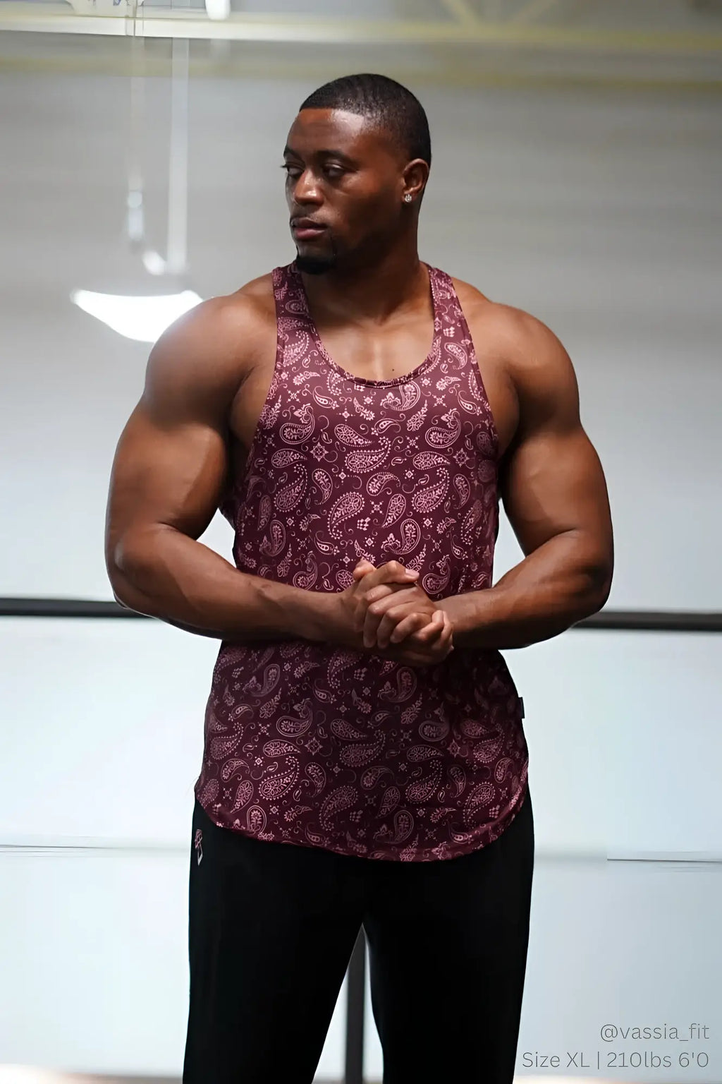 Jed North graphic muscle stringer tank top in maroon paisley with fitted sleeveless design for athletic wear