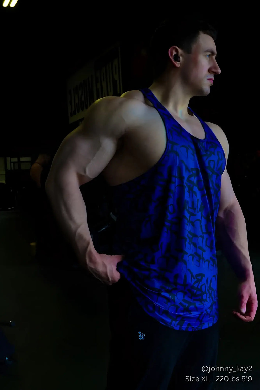 Blue patterned jed north graphic muscle stringer tank top with dark blue and black abstract design in navy graffiti