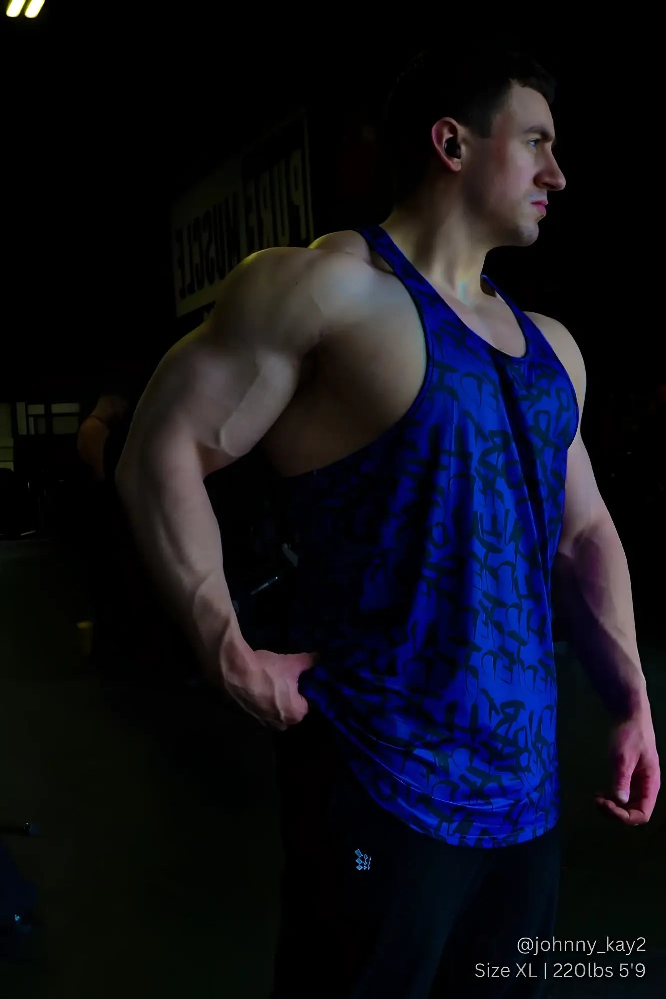 Blue patterned jed north graphic muscle stringer tank top with dark blue and black abstract design in navy graffiti