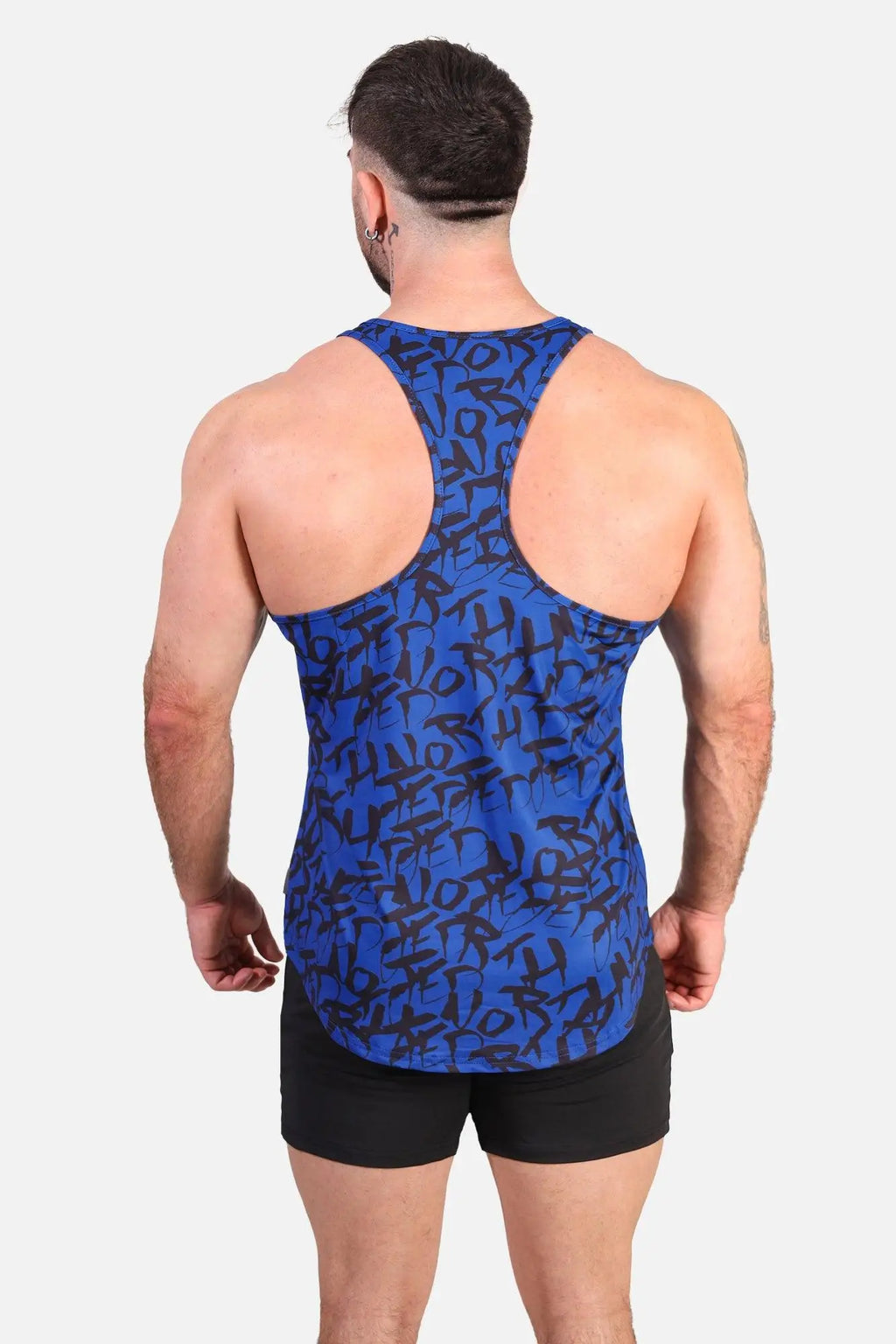 Blue tank top jed north graphic muscle stringer in navy with black graffiti style lettering pattern