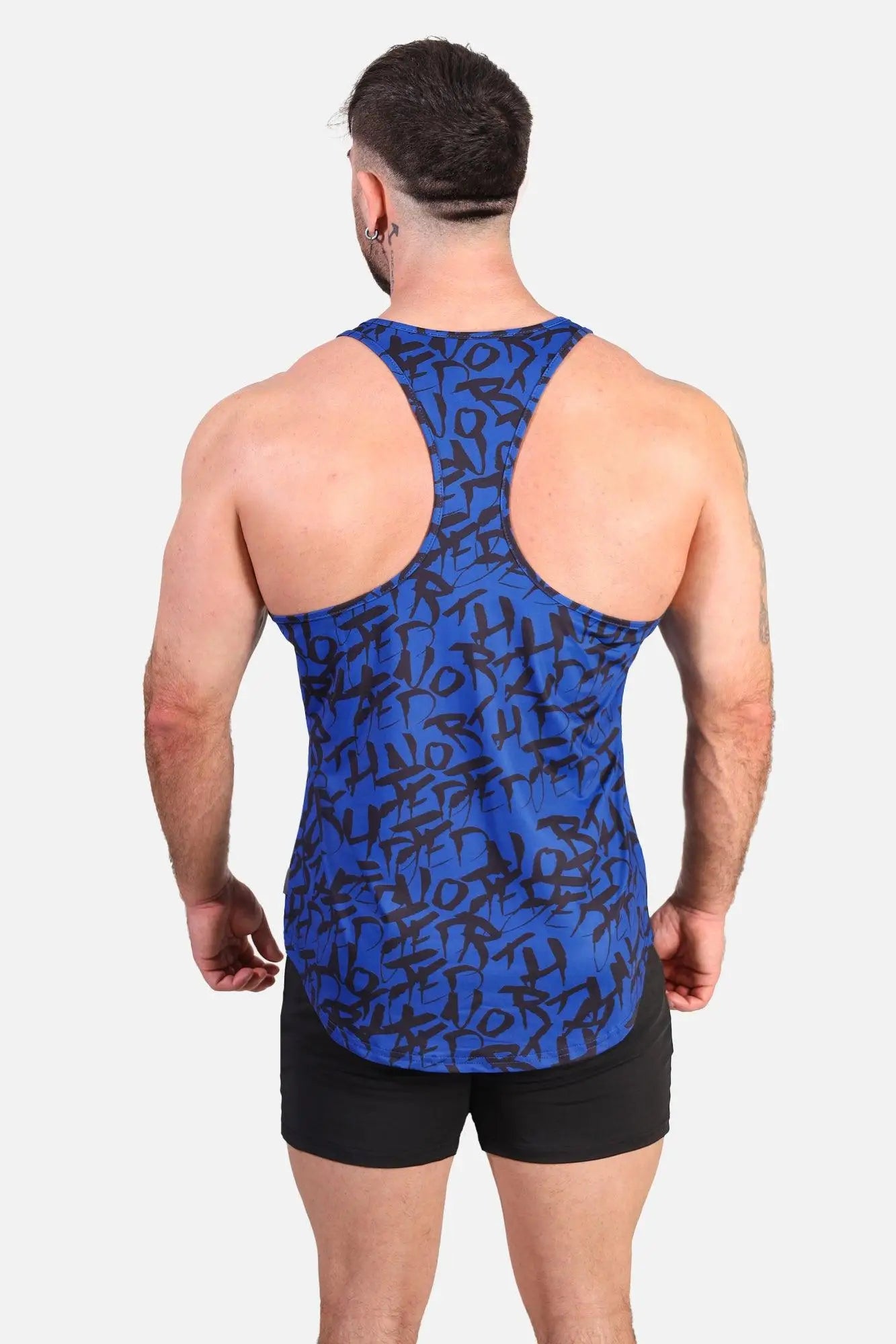 Blue tank top jed north graphic muscle stringer in navy with black graffiti style lettering pattern
