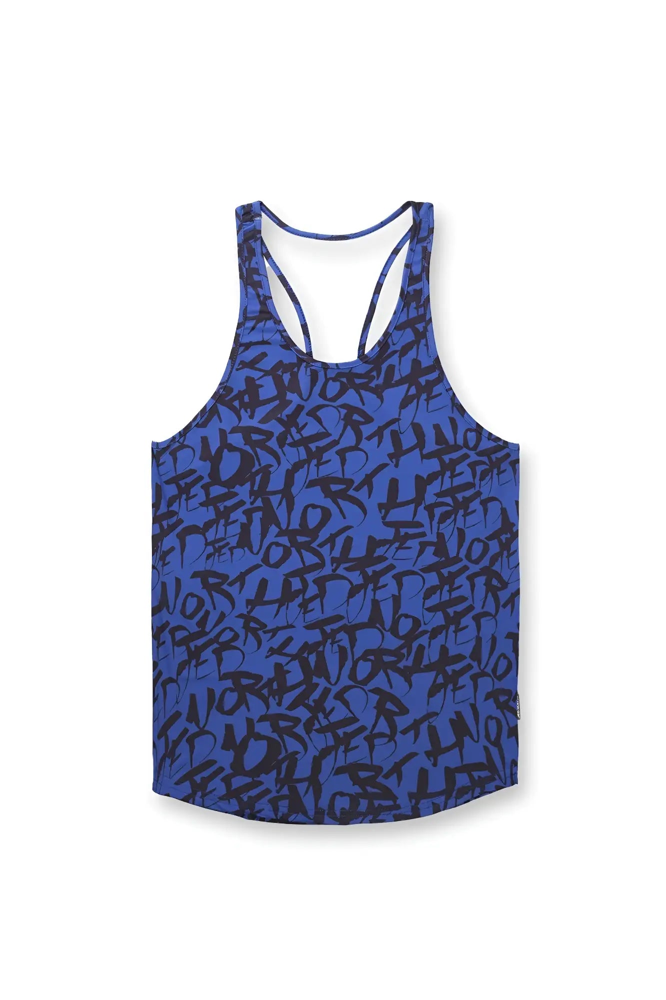 Blue tank top muscle stringer by jed north with black graffiti style lettering pattern in navy blue color