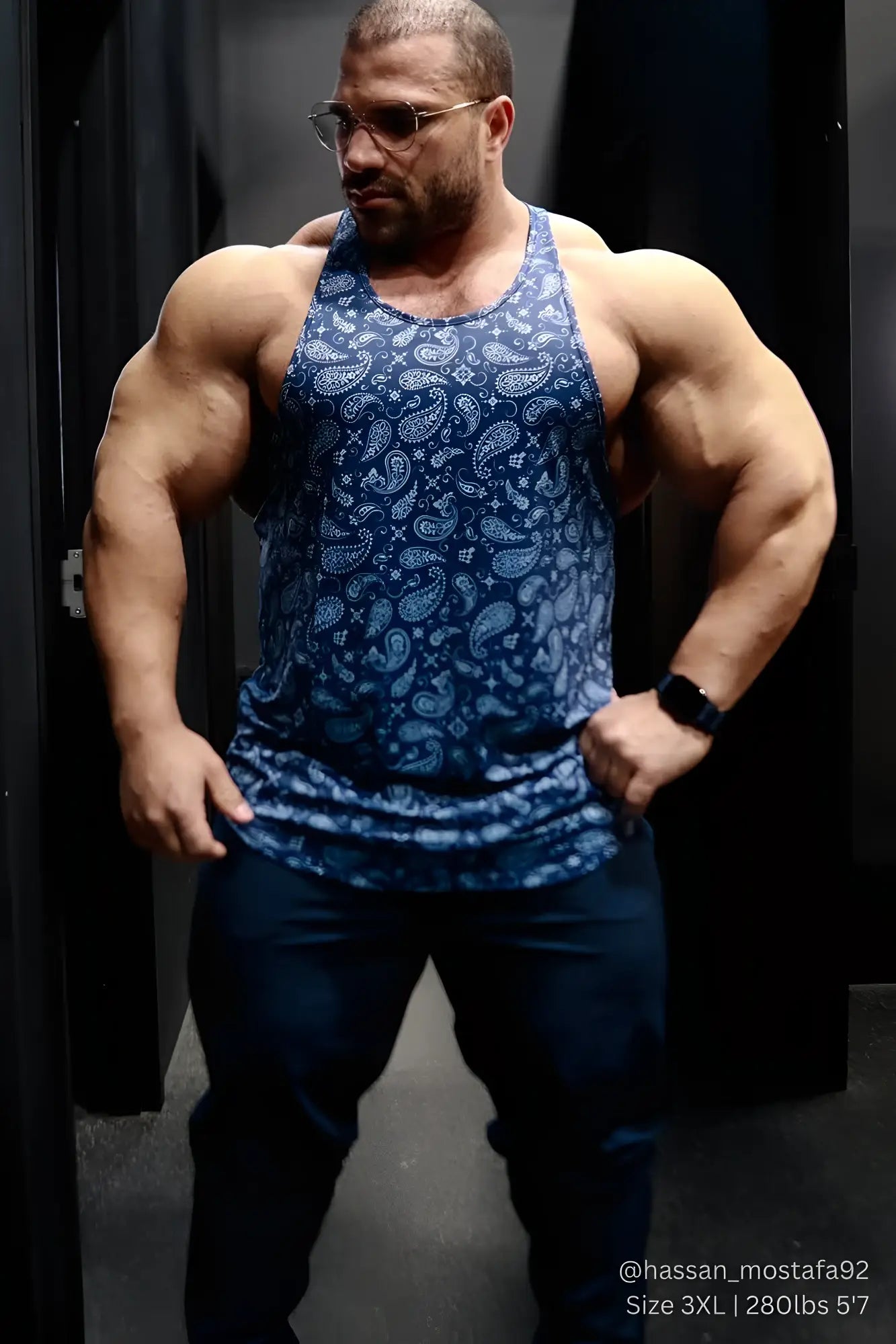 Blue paisley-patterned muscle stringer tank top by jed north with navy paisley design for casual wear