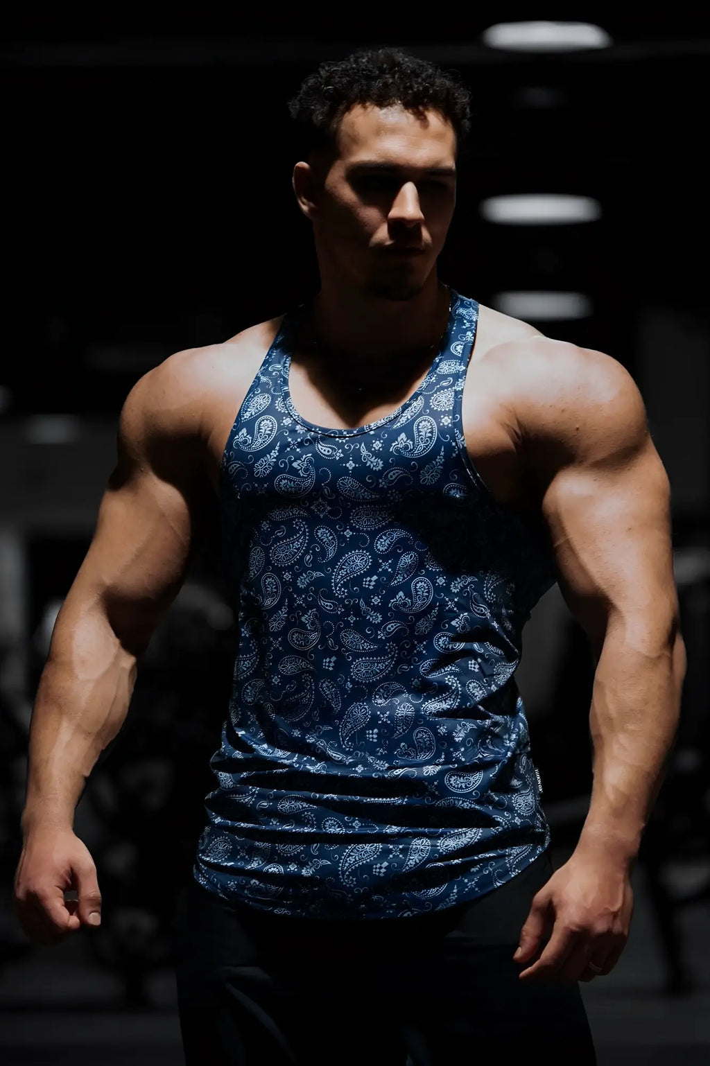 Jed north graphic muscle stringer navy paisley tank top with blue paisley pattern and lightweight fabric