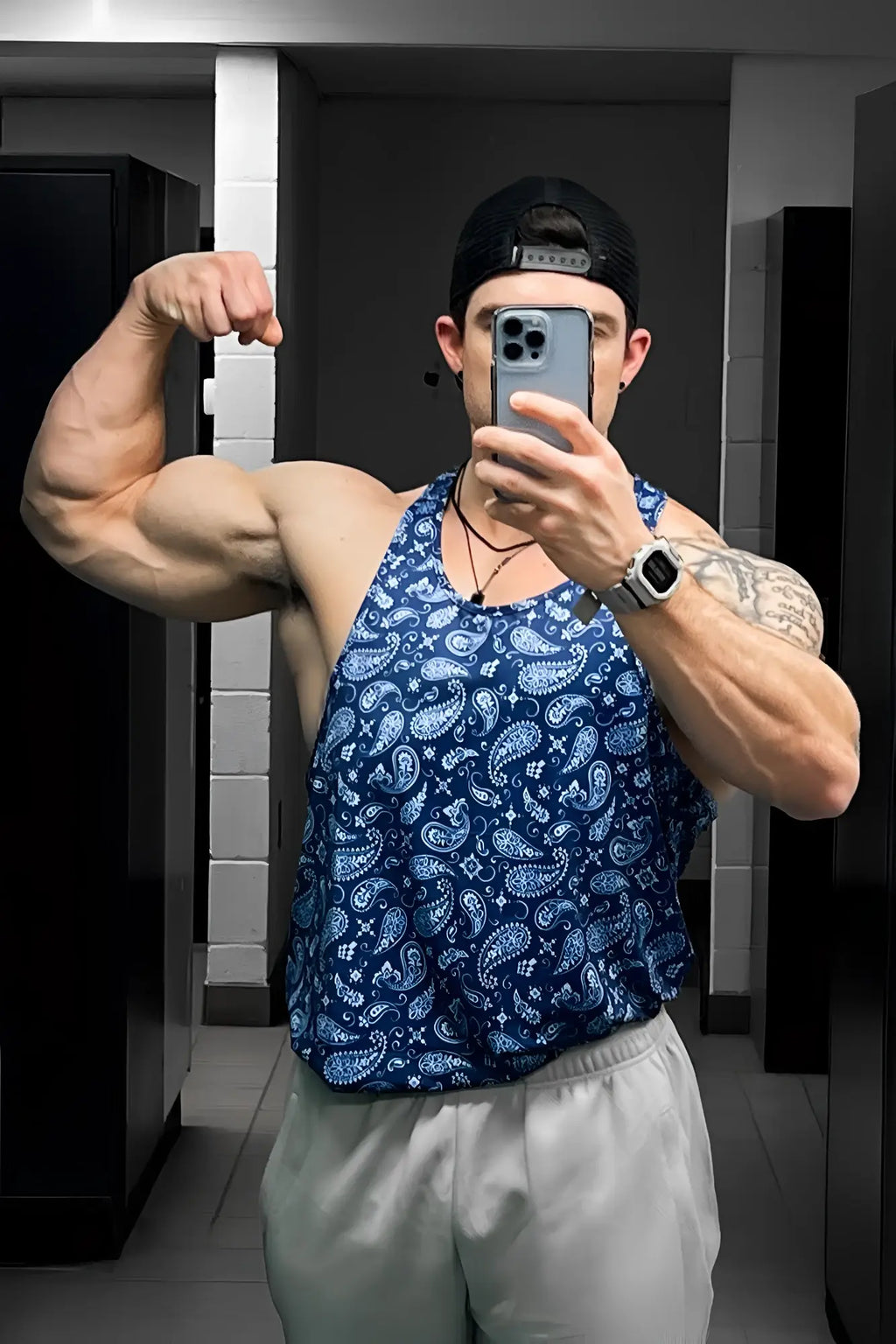 Blue paisley patterned muscle stringer tank top by jed north in navy for athletic and casual wear