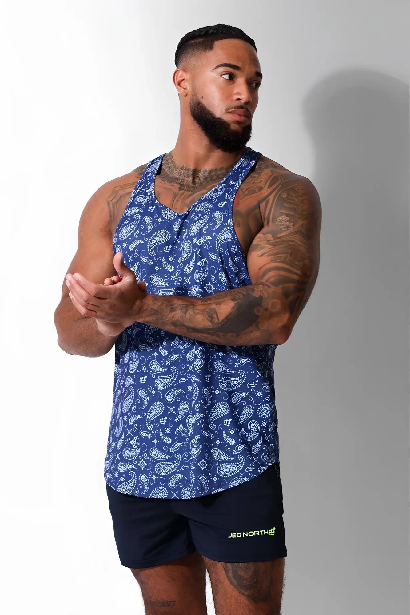 Jed North navy paisley graphic muscle stringer tank top with blue paisley pattern and v-neckline