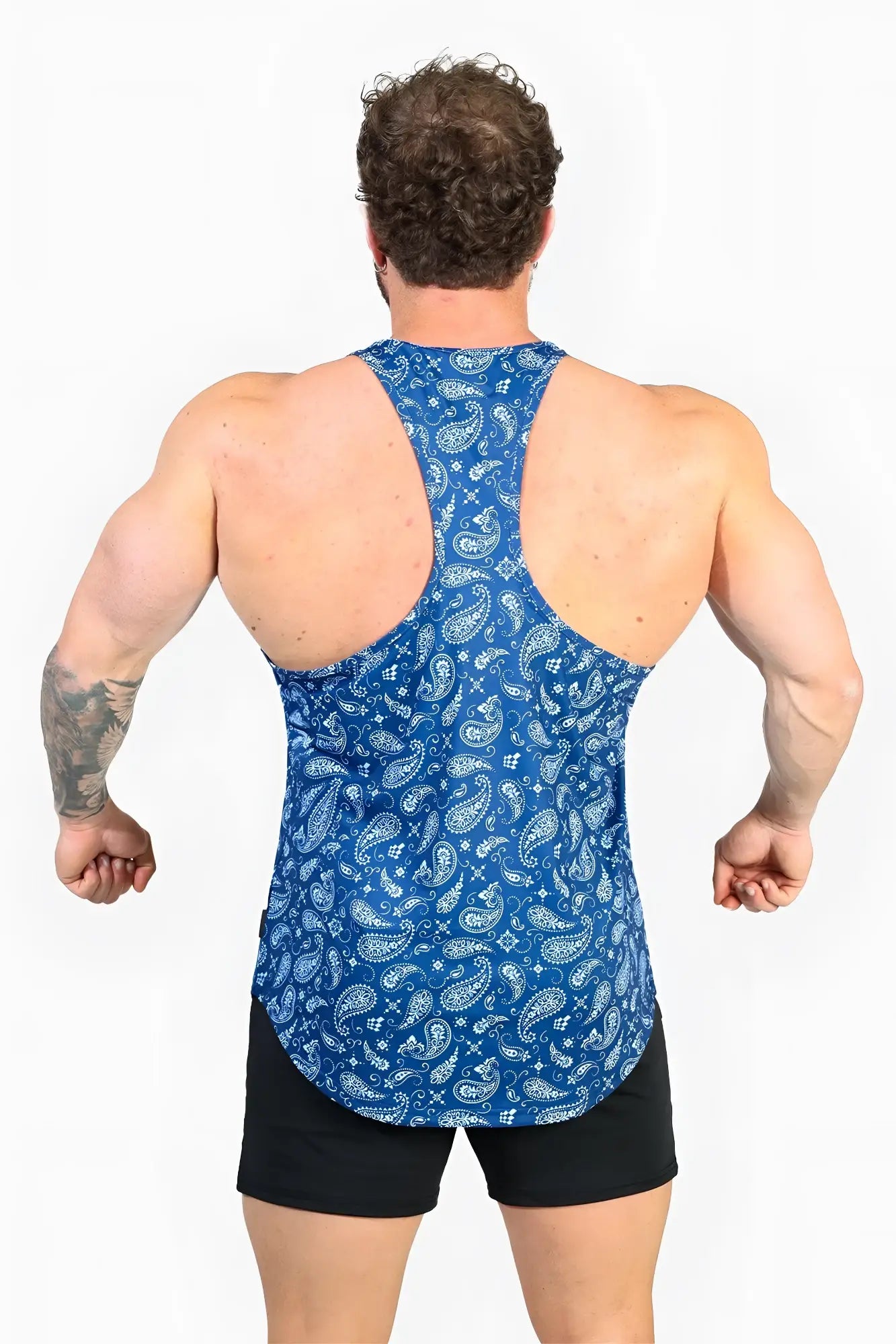 Blue paisley-patterned muscle tank top with white and light blue accents by jed north graphic muscle stringer navy paisley