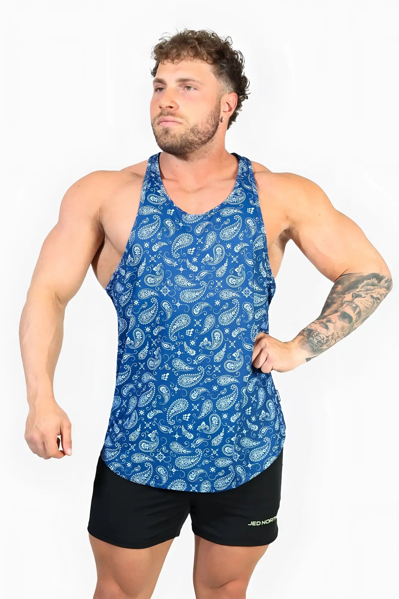 Blue paisley patterned muscle tank top with white detailing from jed north graphic muscle stringer collection