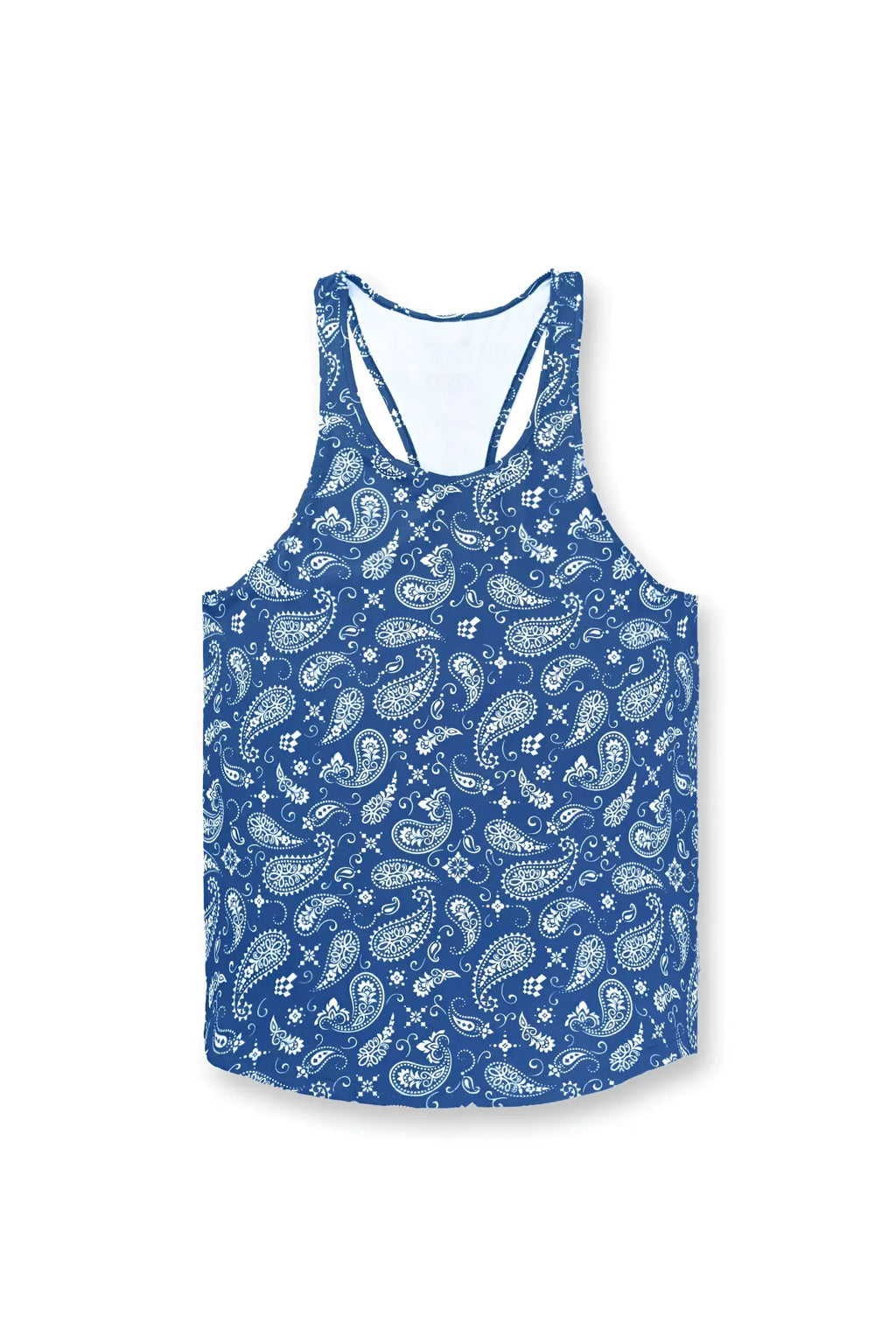 Blue tank top with white paisley and floral pattern jed north graphic muscle stringer navy paisley design
