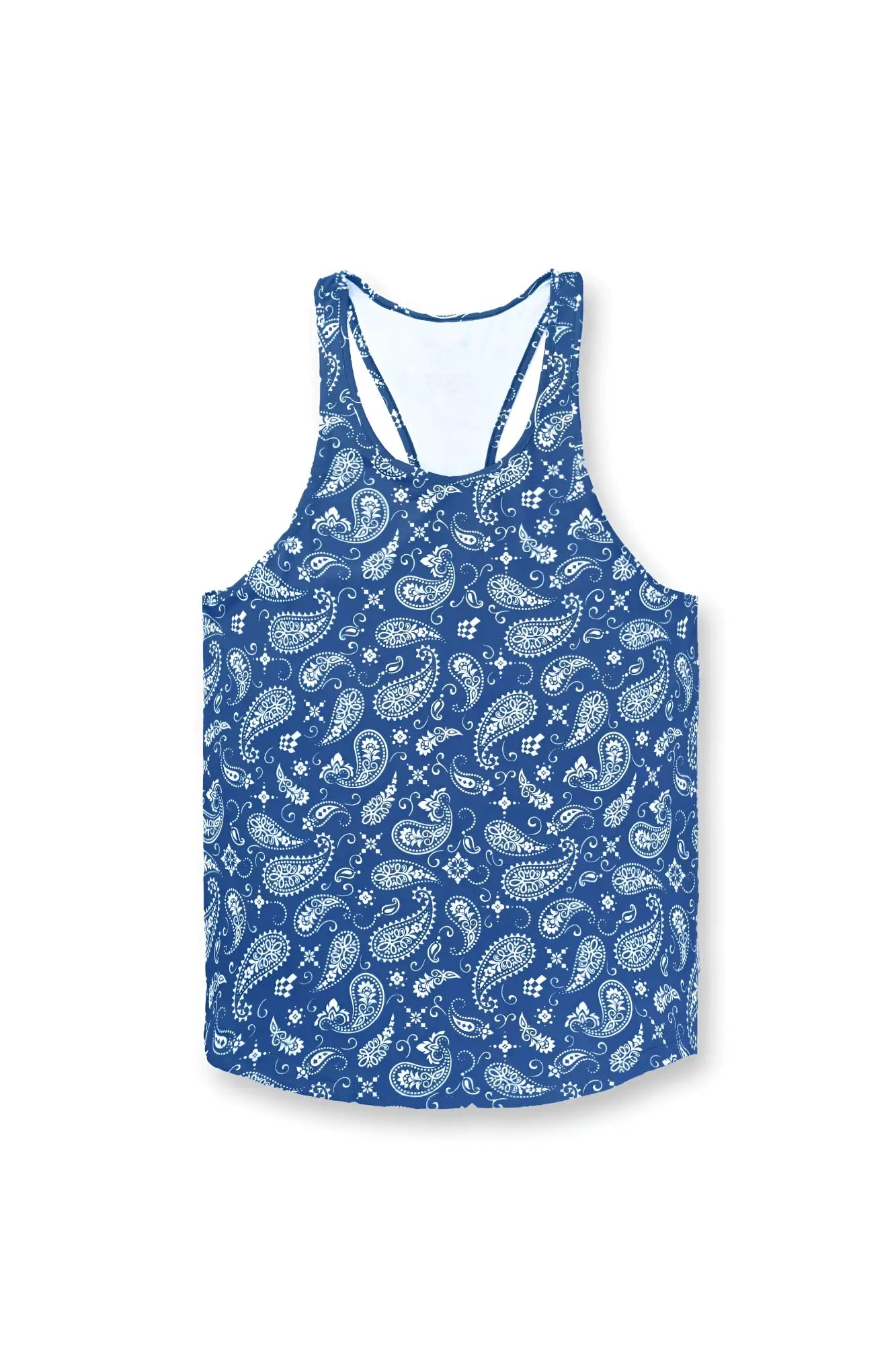 Blue tank top with white paisley and floral pattern jed north graphic muscle stringer navy paisley design