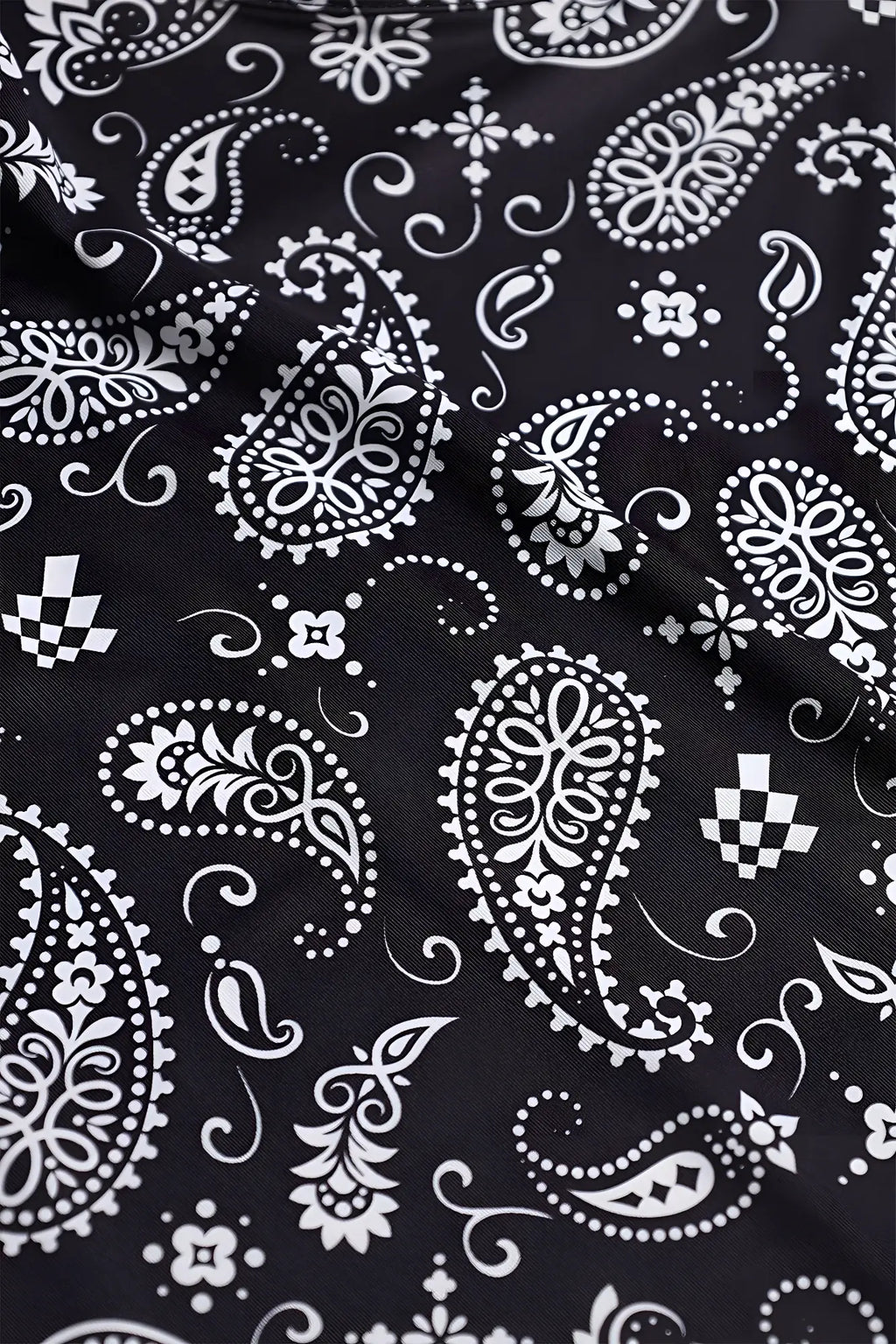 Graphic muscle stringer with black fabric and white paisley floral pattern perfect for casual wear