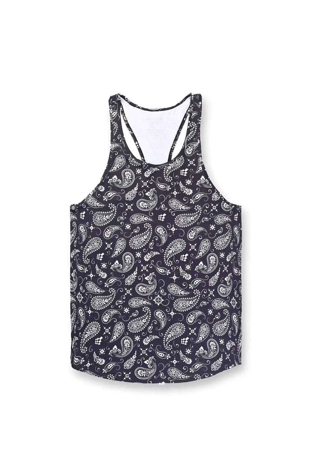 Black graphic muscle stringer tank top with white paisley and floral pattern suitable for casual wear