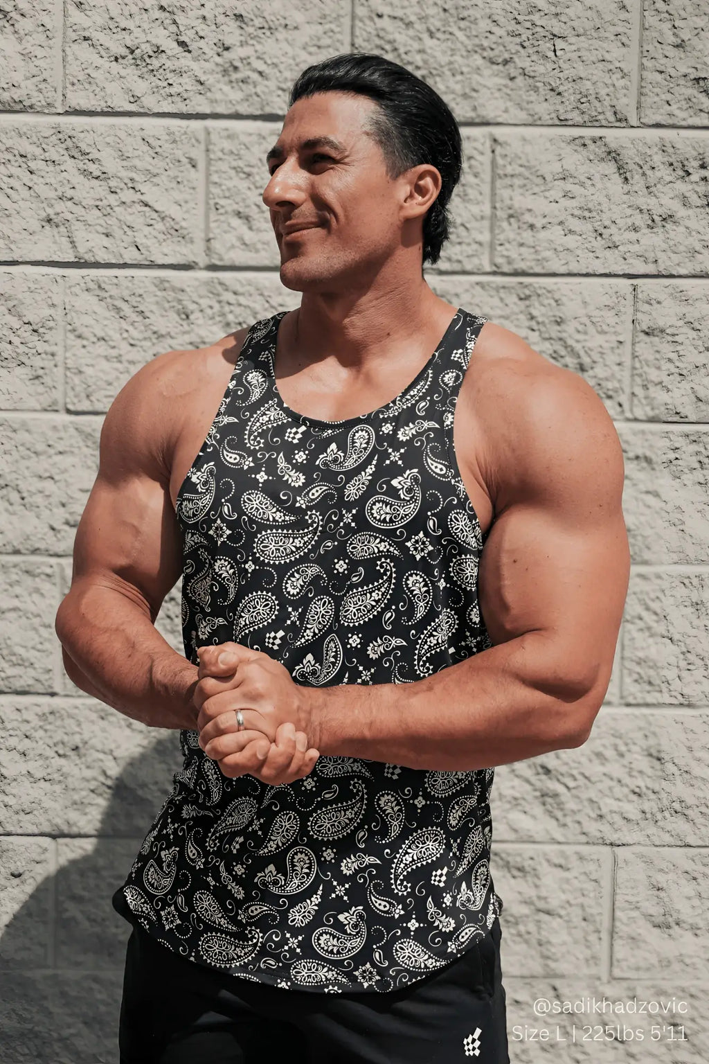 Black tank top graphic muscle stringer with white paisley pattern perfect for casual wear