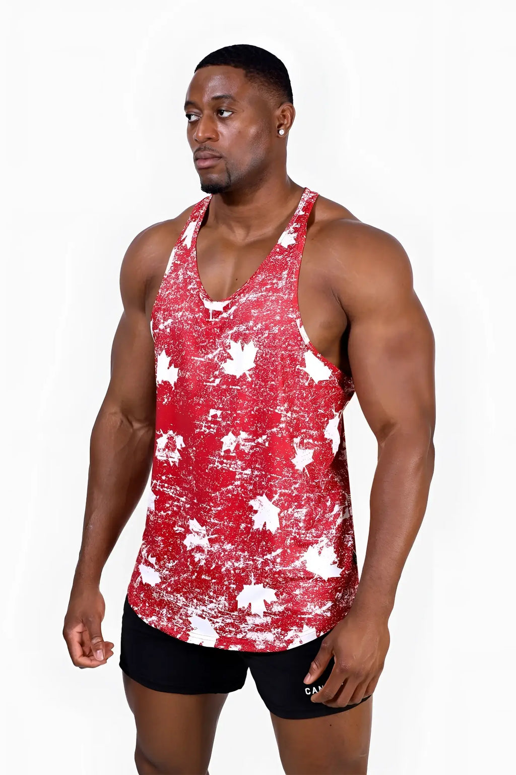 Red and white maple leaf patterned athletic tank top graphic muscle stringer for workout and casual wear