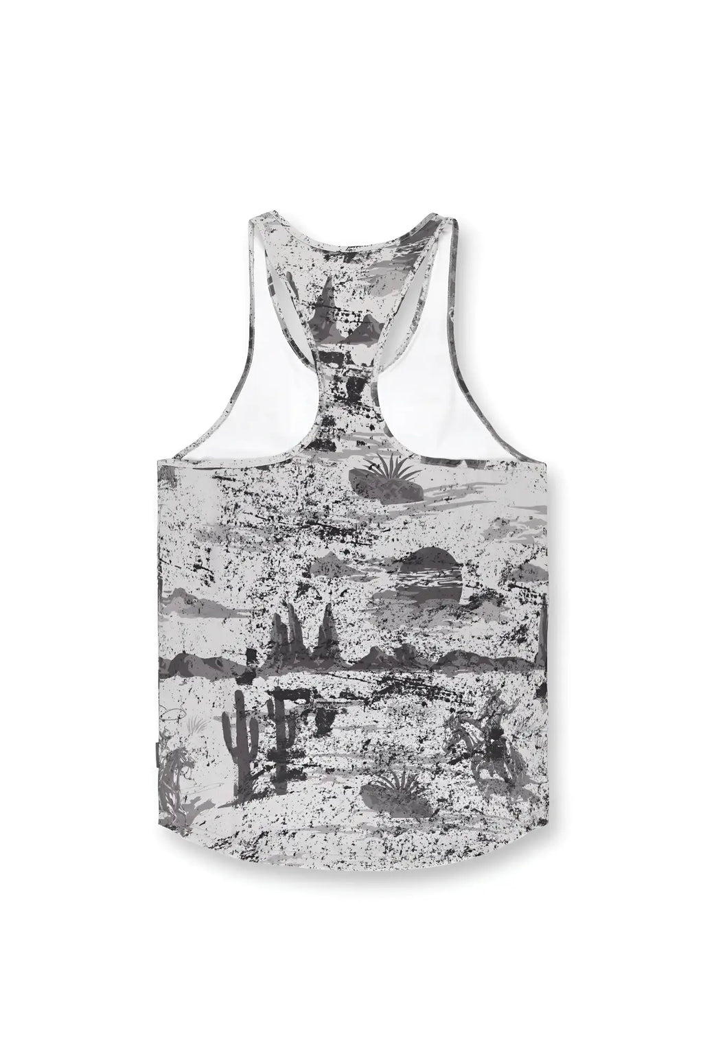 Graphic muscle stringer black and white desert tank top with distressed painterly cacti and rocky landscape print