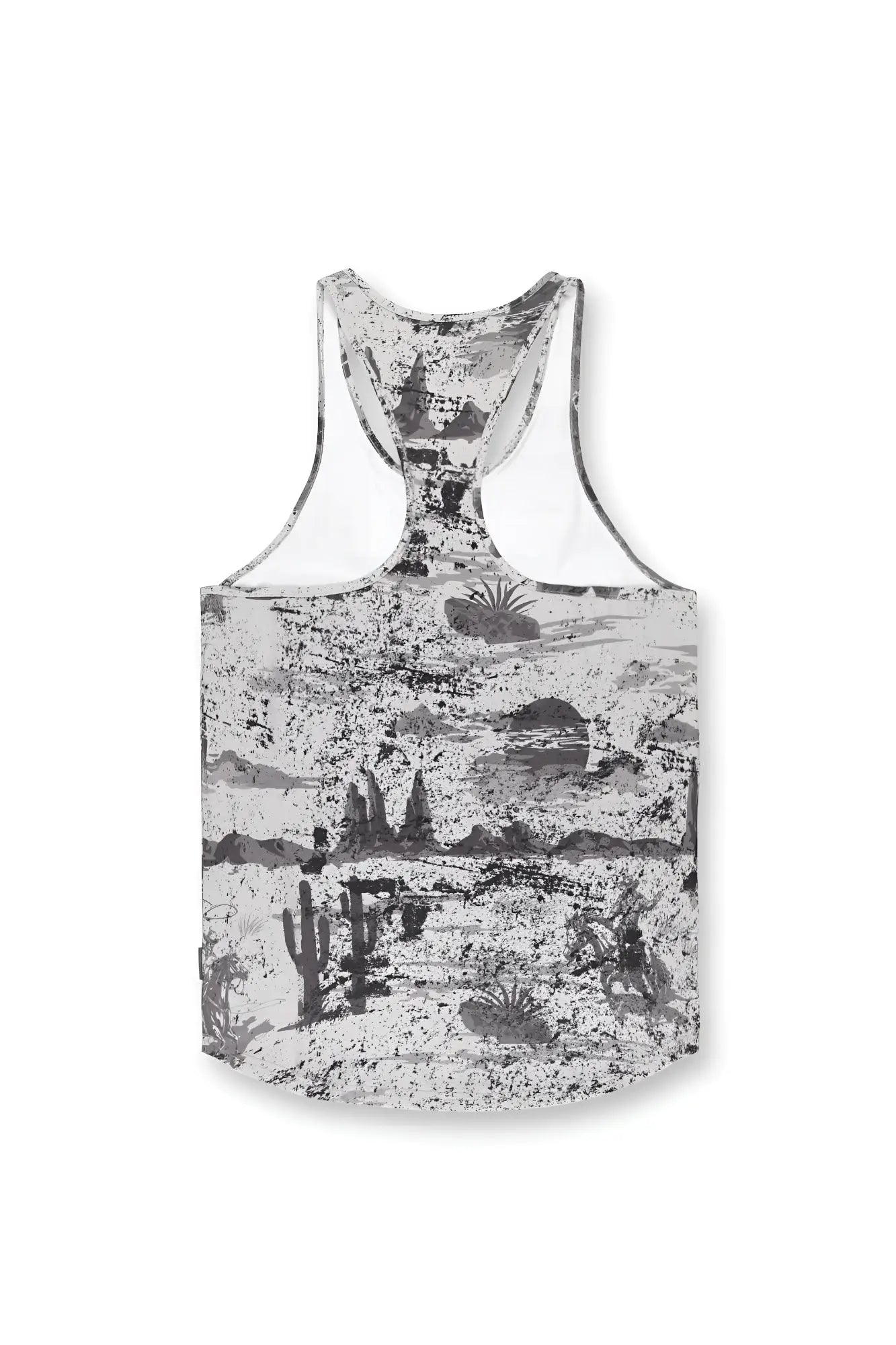 Graphic muscle stringer black and white desert tank top with distressed painterly cacti and rocky landscape print