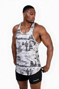 Graphic muscle stringer black and white tank top with desert-themed cacti and rocky terrain print rugged outlaw style