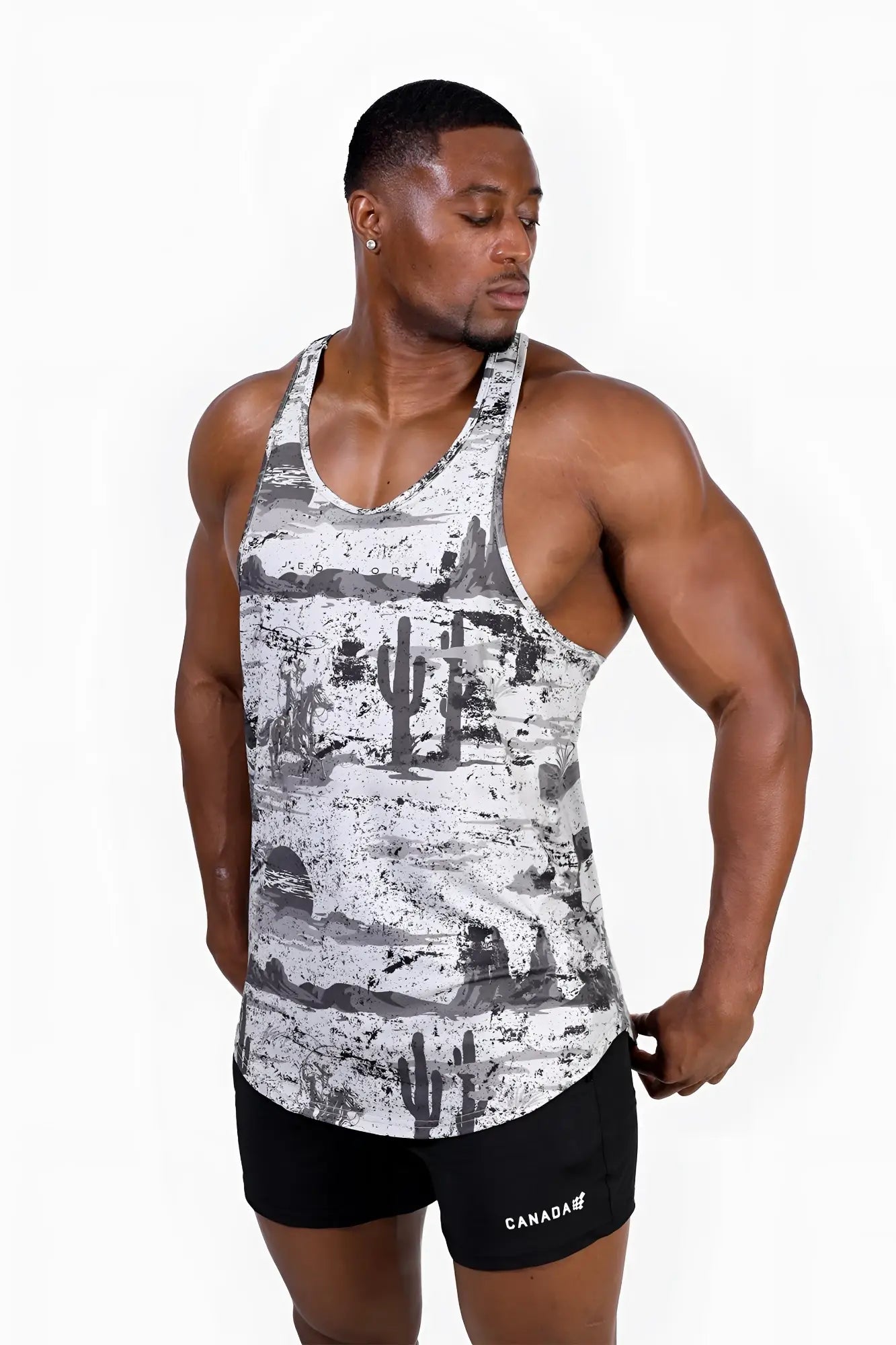 Graphic muscle stringer black and white tank top with desert-themed cacti and rocky terrain print rugged outlaw style