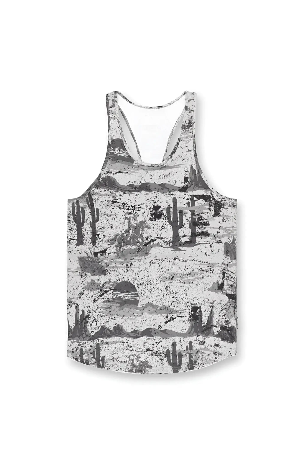 Graphic muscle stringer rugged outlaw black and white tank top with desert cacti mountains and sunset design