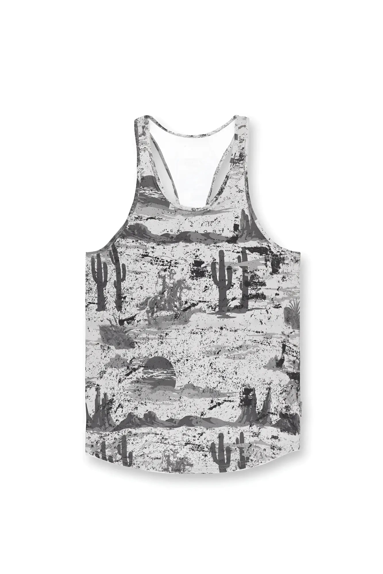 Graphic muscle stringer rugged outlaw black and white tank top with desert cacti mountains and sunset design