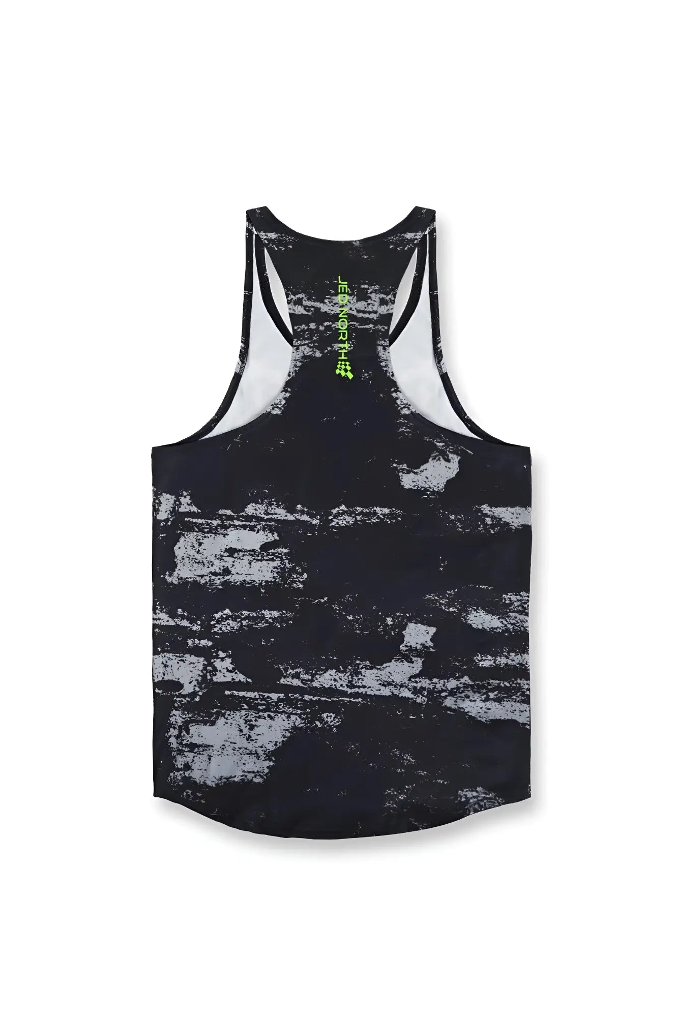 Back view of Jed North graphic muscle stringer tank top in black and gray brushstroke pattern with neon green homme branding