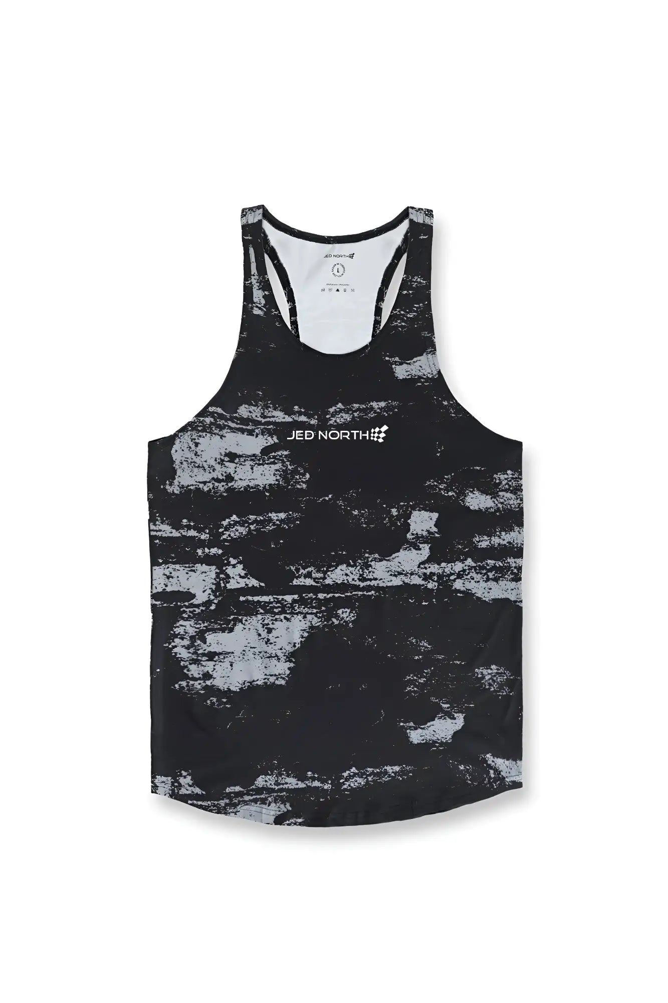 Black and white abstract paint splatter jed north graphic muscle stringer racerback tank top back view