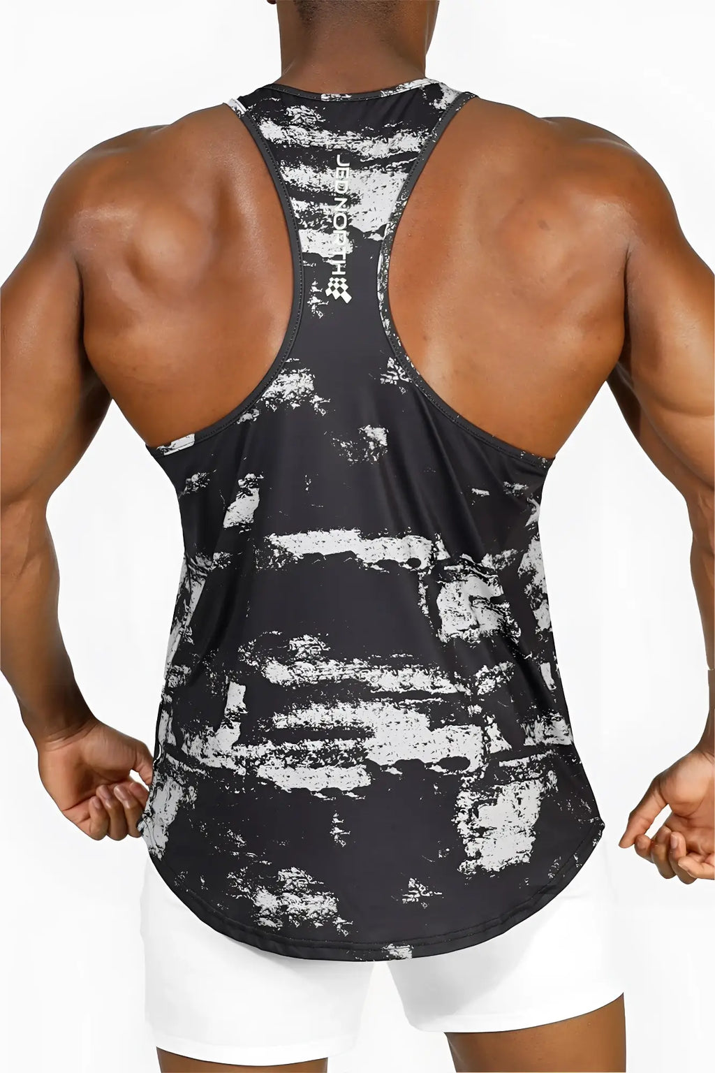Jed North graphic muscle stringer silver brush strokes black and white distressed patterned racerback tank top back view