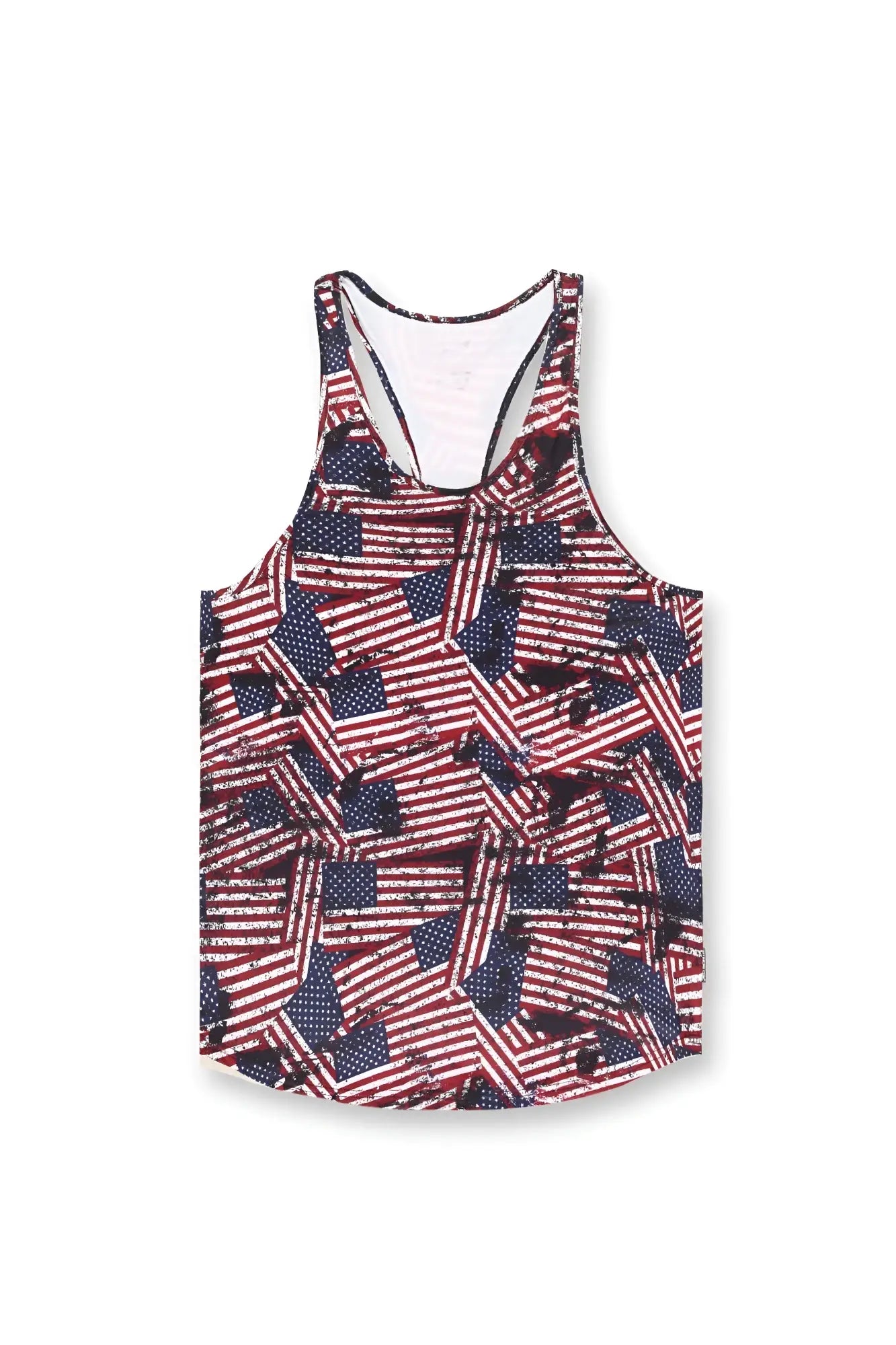 Women’s graphic muscle stringer tank top with a bold distressed usa flag pattern in red white and blue