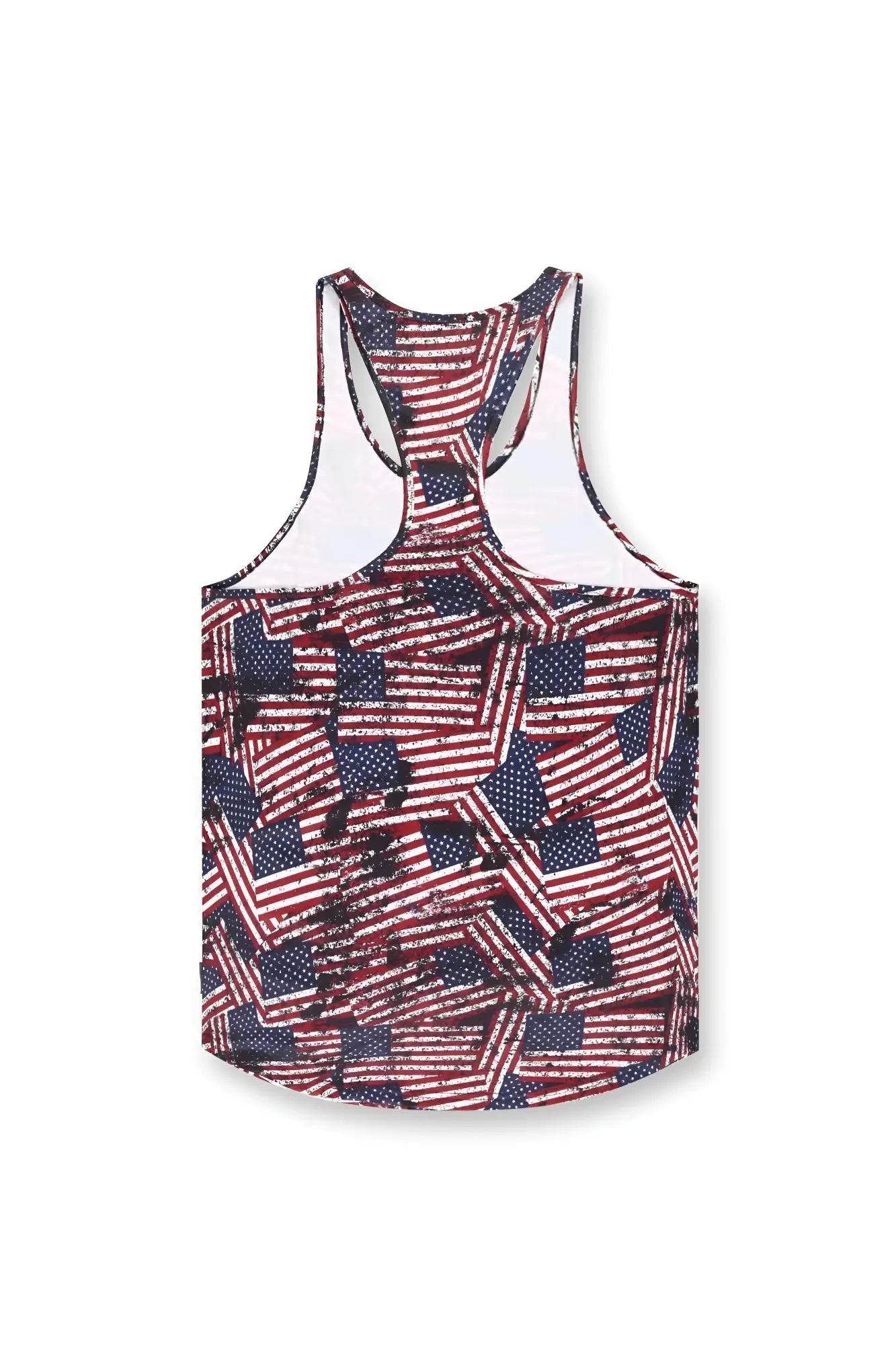 Women’s graphic muscle stringer tank top with bold distressed overlapping usa flag pattern in red white and blue
