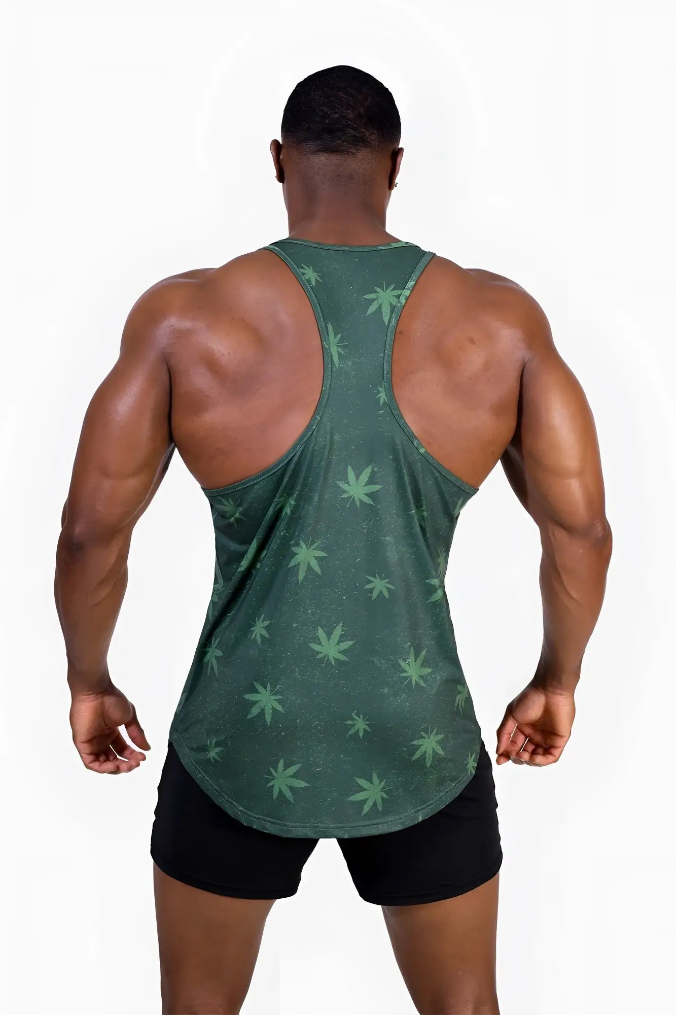 Dark green graphic muscle stringer tank top with subtle all over cannabis leaf pattern for athletic wear