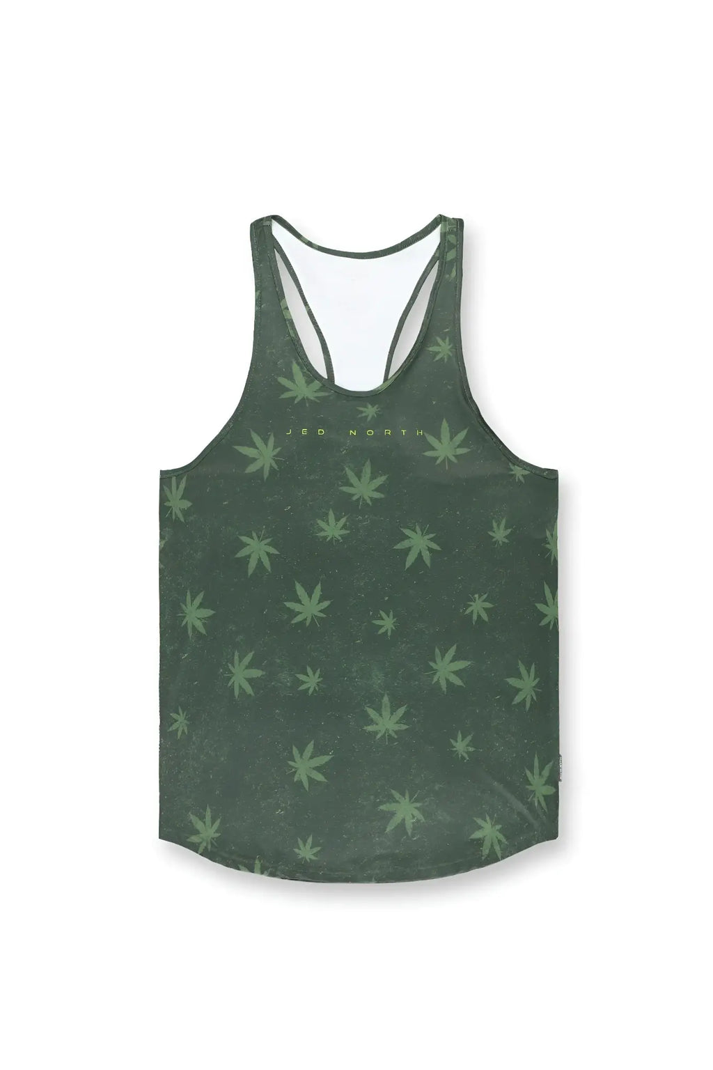 Dark green graphic muscle stringer tank top with light green cannabis leaf pattern shown from the back side