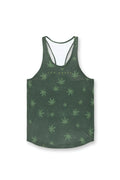 Dark green graphic muscle stringer tank top with light green cannabis leaf pattern shown from the back side
