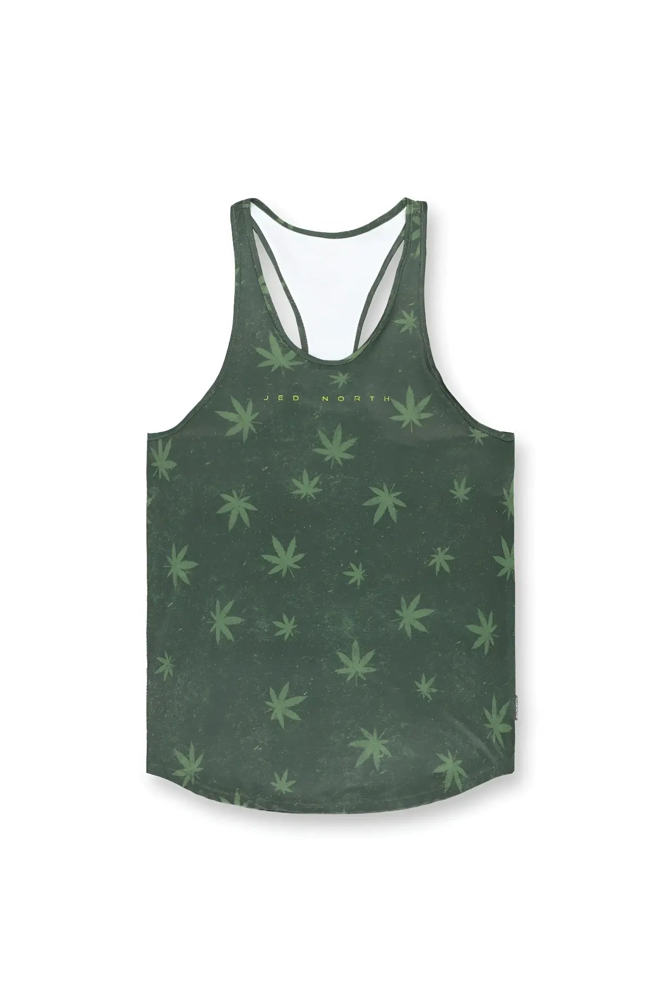 Dark green graphic muscle stringer tank top with light green cannabis leaf pattern shown from the back side