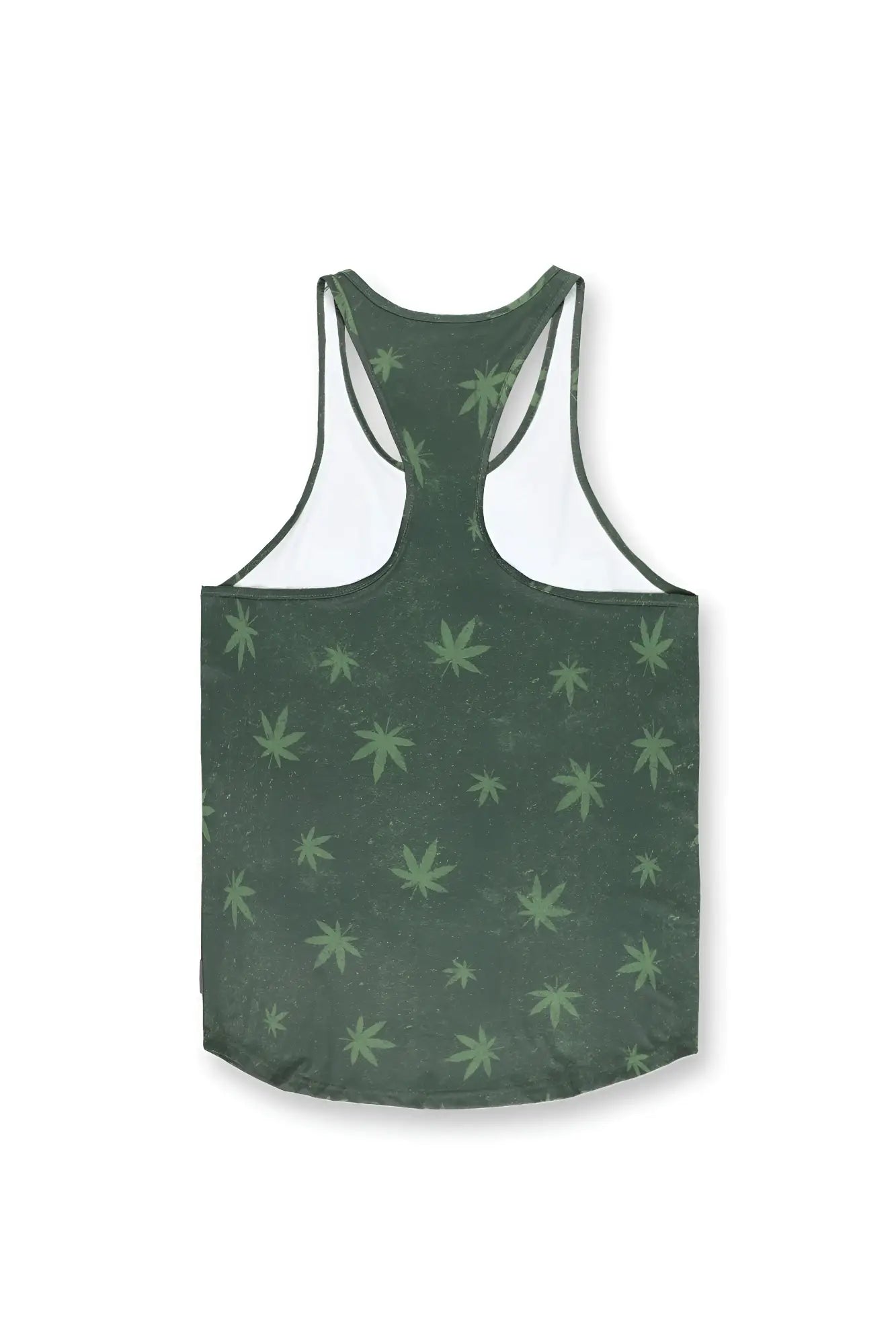 Dark green graphic muscle stringer tank top with subtle light green cannabis leaf pattern and racerback design
