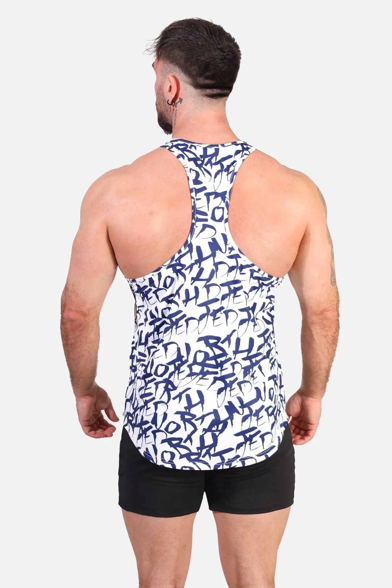 Jed North graphic muscle stringer tank top in white with navy blue graffiti style lettering for casual wear