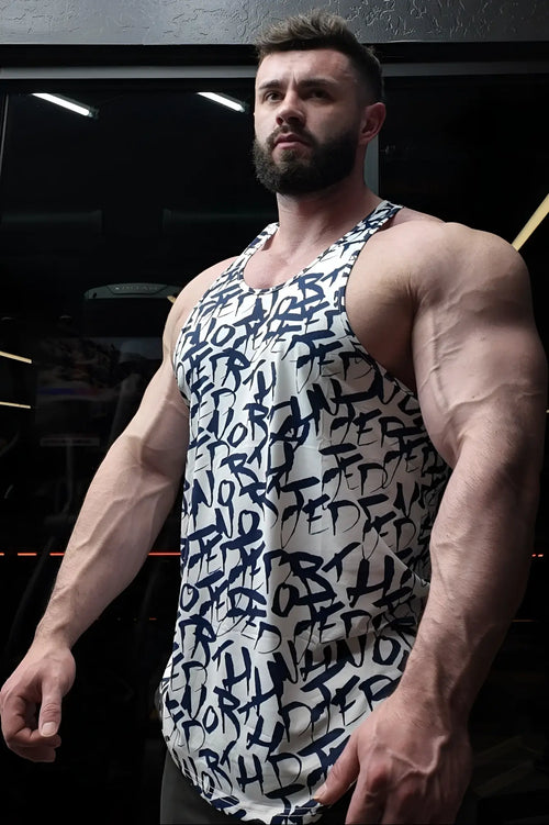 Jed North graphic muscle stringer white tank top with bold black graffiti style lettering pattern