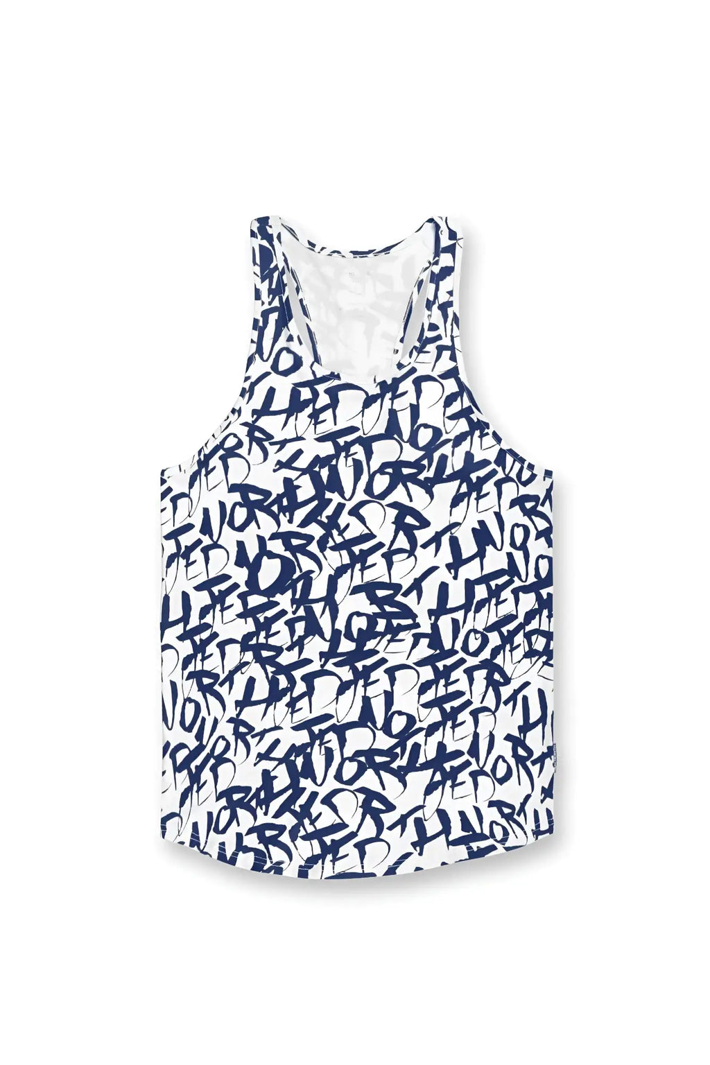 White muscle stringer tank top with navy blue graffiti style lettering by jed north in cotton fabric