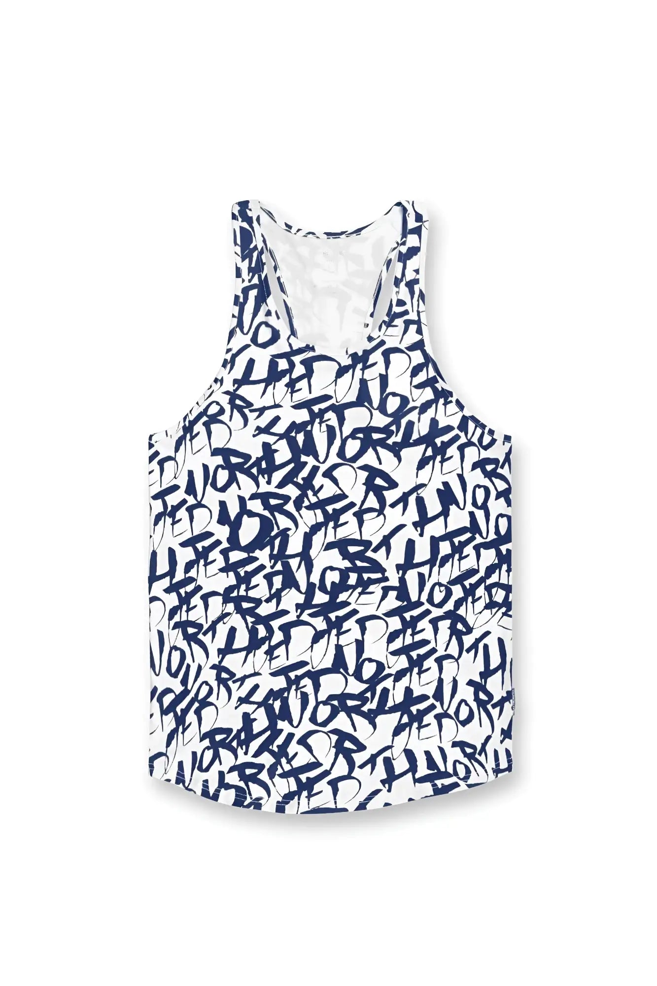 White muscle stringer tank top with navy blue graffiti style lettering by jed north in cotton fabric
