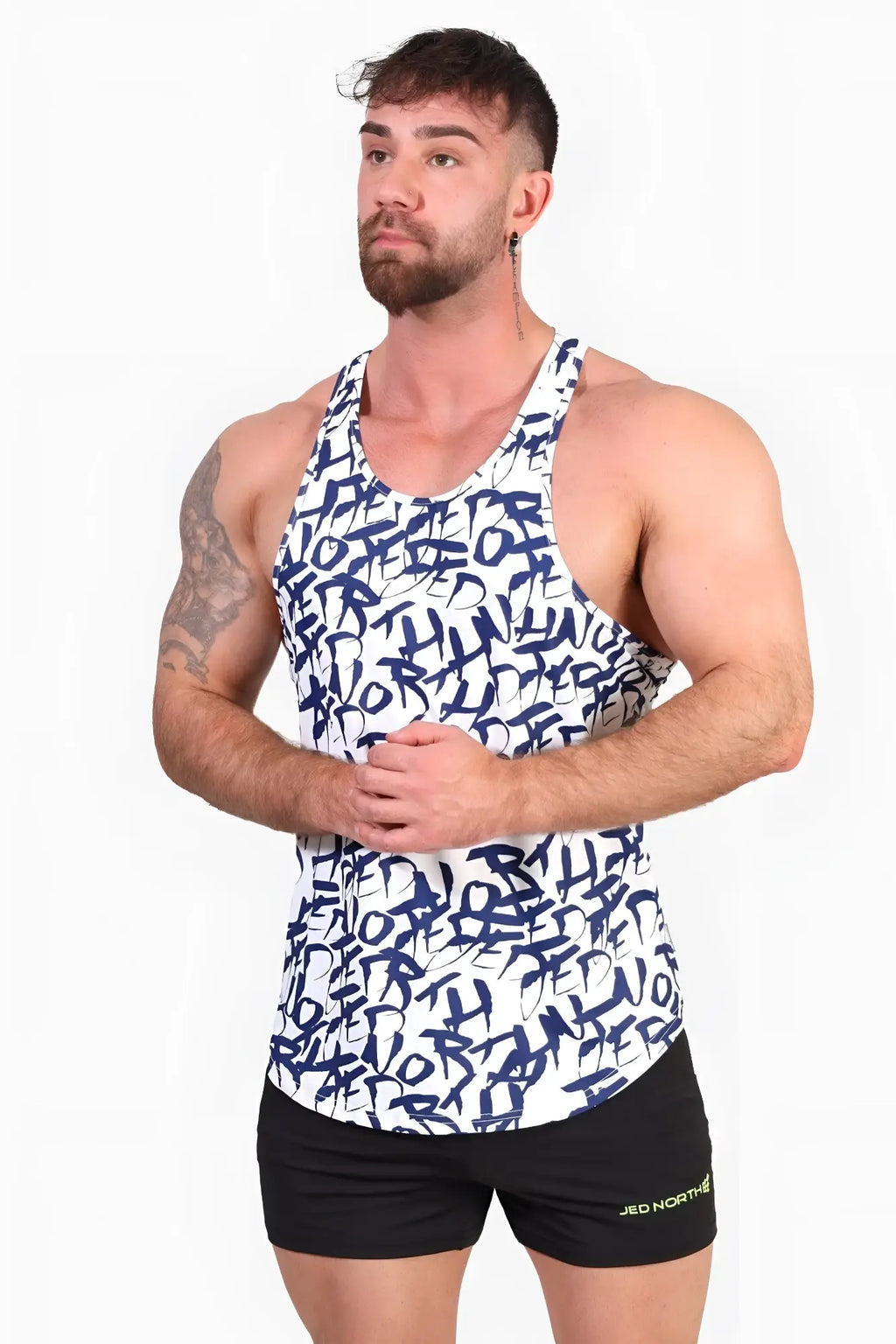 White jed north graphic muscle stringer tank top with navy blue graffiti style lettering design