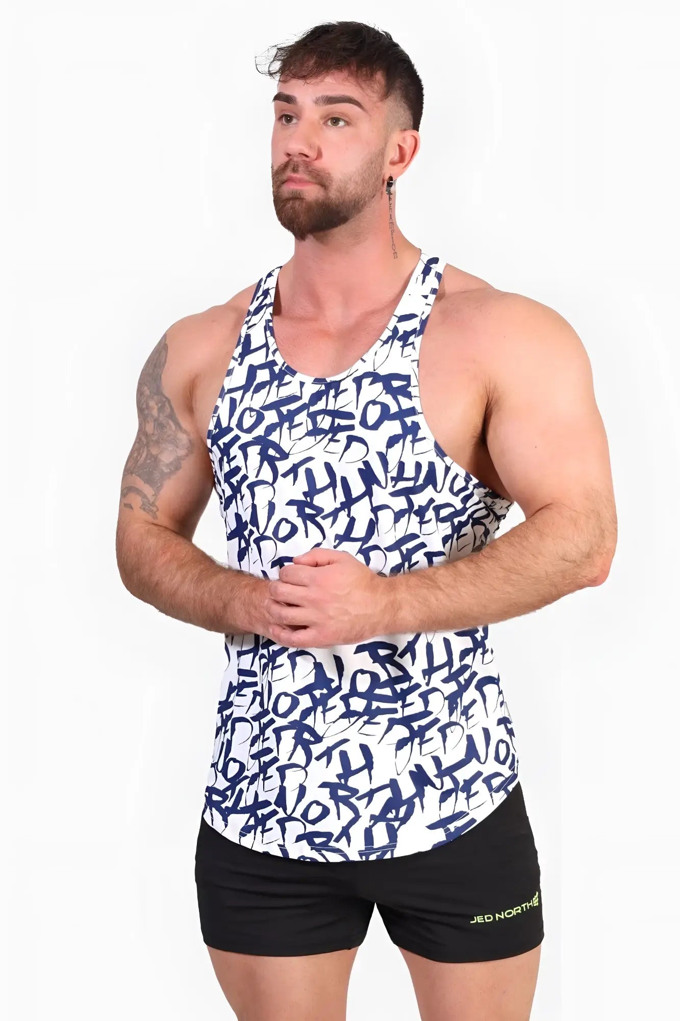 White jed north graphic muscle stringer tank top with navy blue graffiti style lettering design
