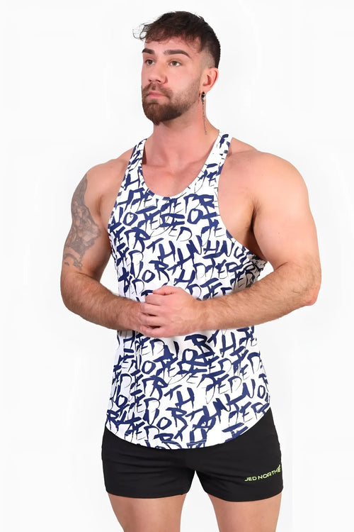 White jed north graphic muscle stringer tank top with navy blue graffiti style lettering design
