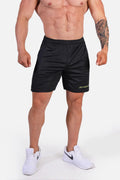 Jed North Jersey Mesh 7.5 inch black athletic gym shorts with mesh fabric and subtle yellow logo on lower right leg