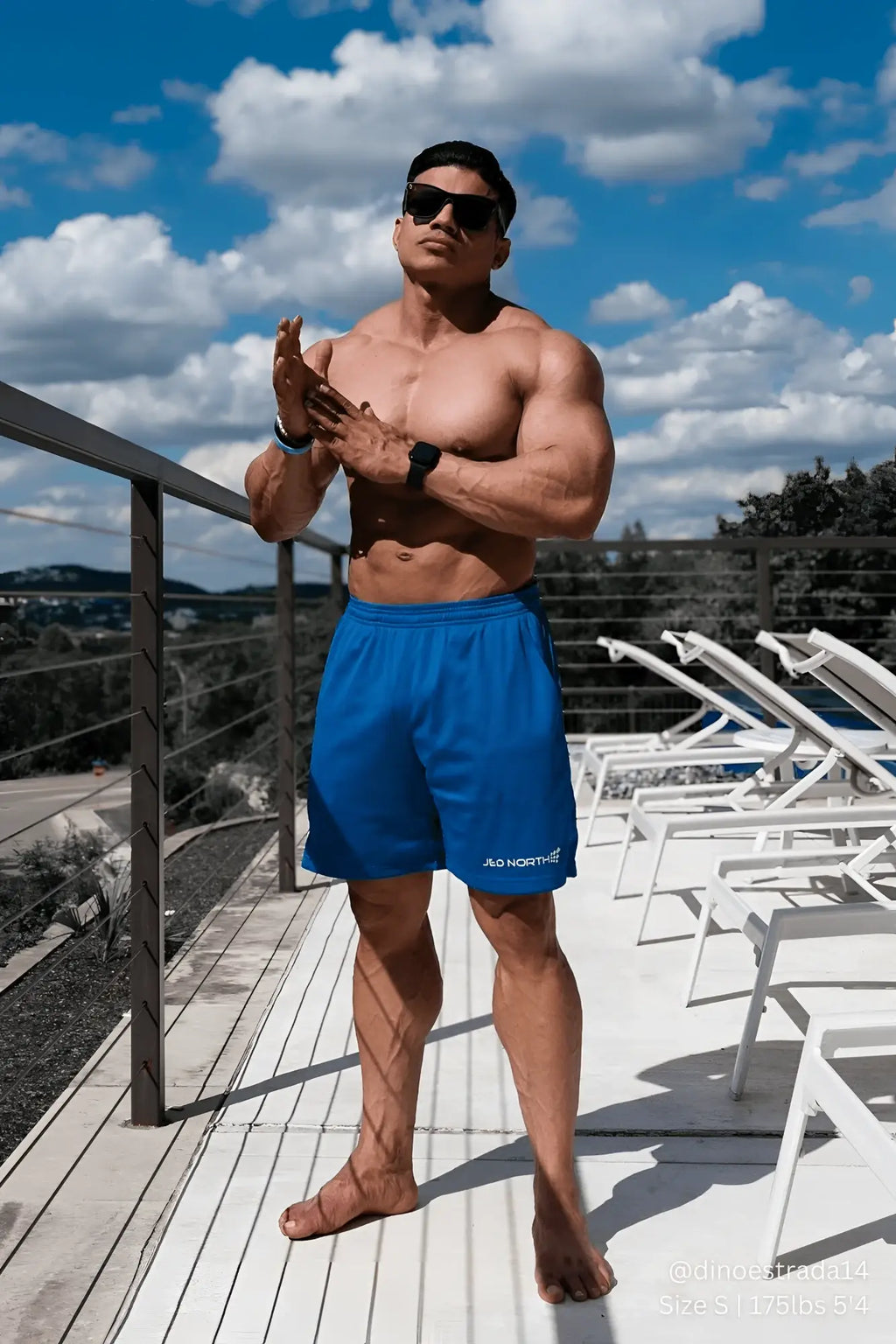 Blue jed north jersey mesh 7.5 inch gym shorts with jlo north branding on the left leg for athletic use