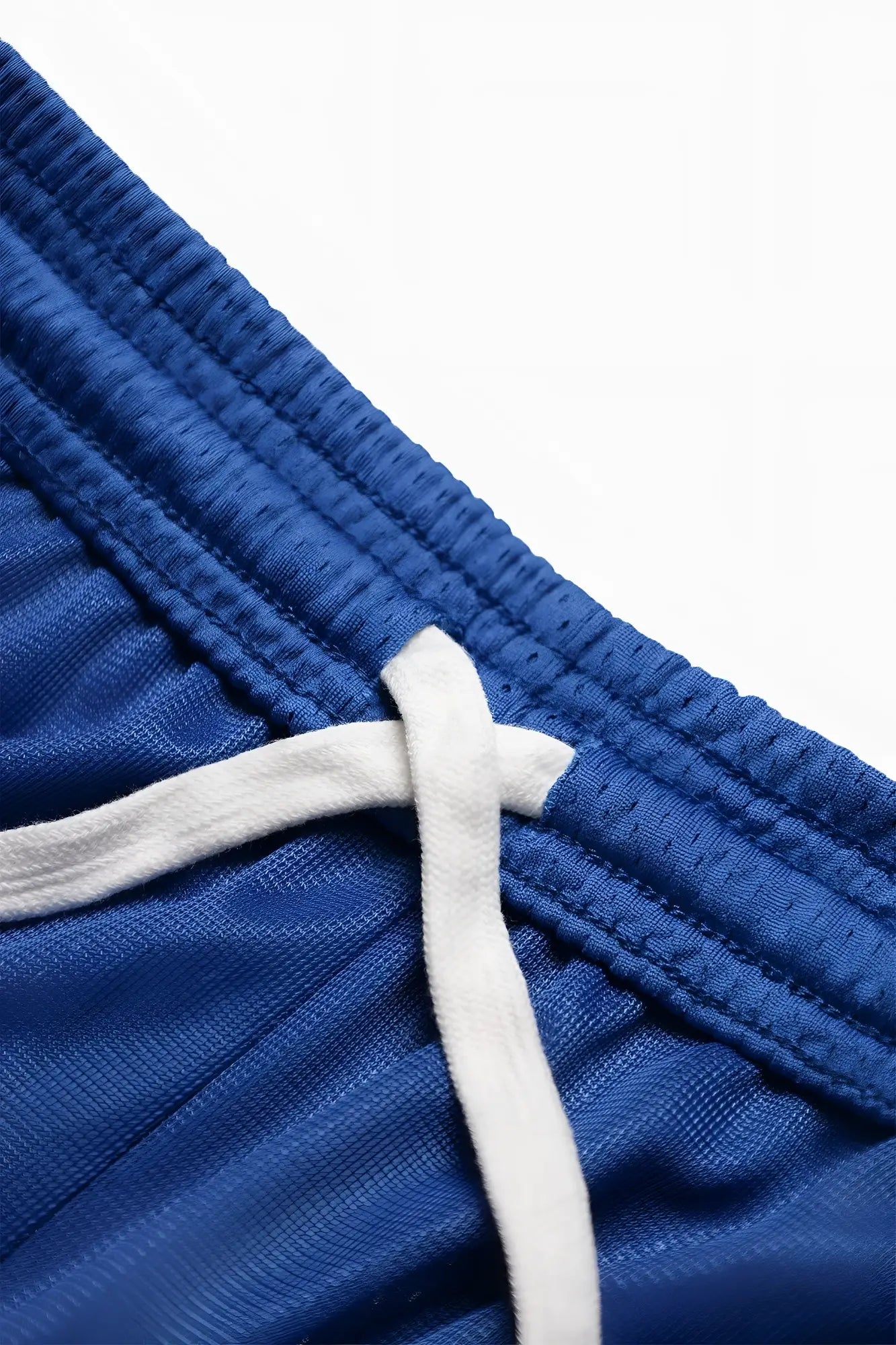 Blue jed north jersey mesh gym shorts with ribbed waistband white drawstrings and 7.5 inch inseam