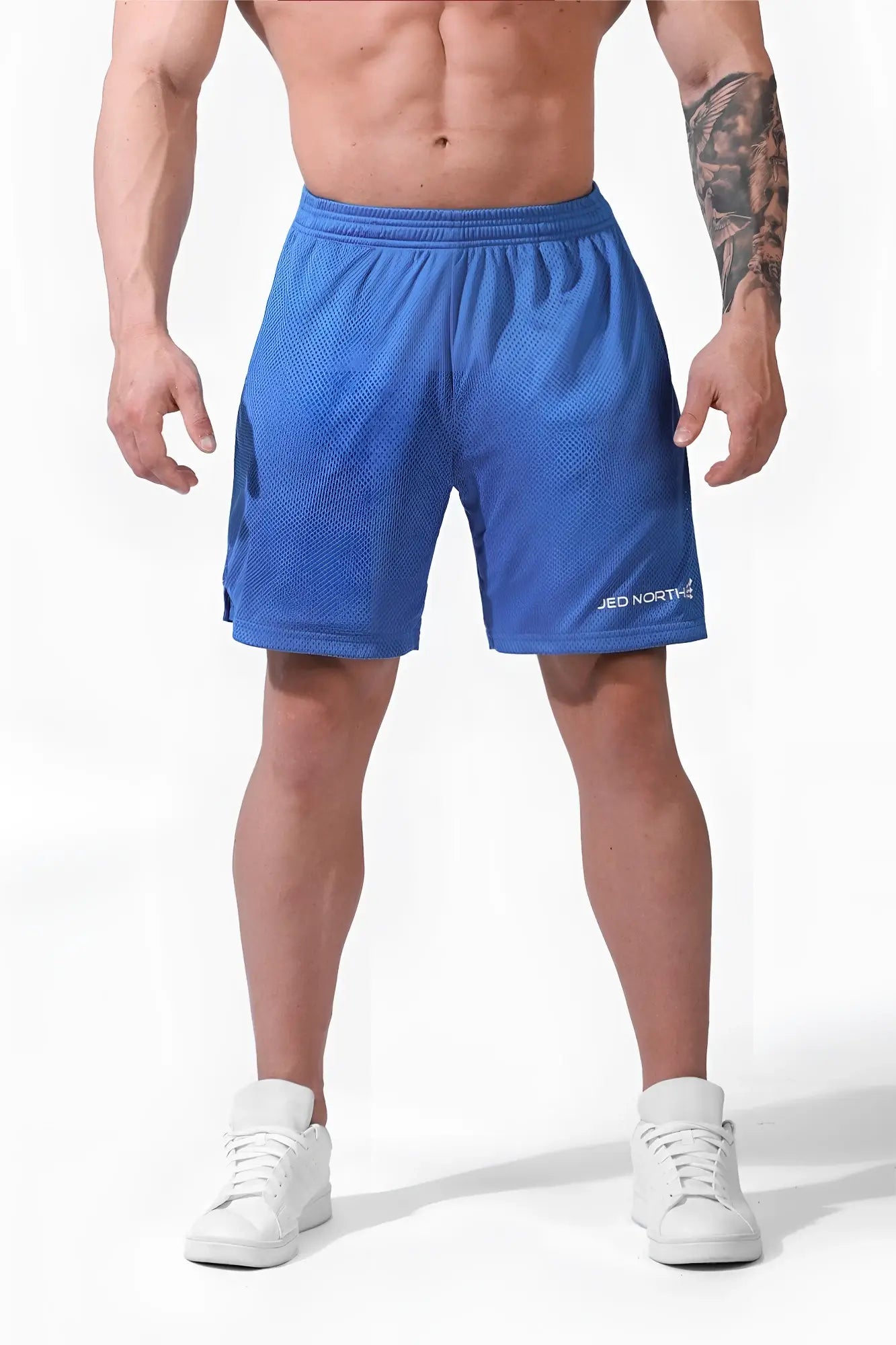 Jed north jersey mesh 7.5 inch gym shorts in bright blue with breathable mesh fabric and subtle logo on lower right leg