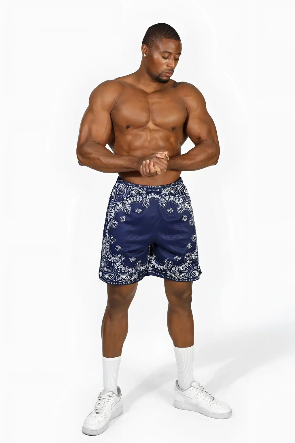 Navy blue Jed North Jersey Mesh 7.5 inch gym shorts with paisley bandana pattern made from breathable mesh material