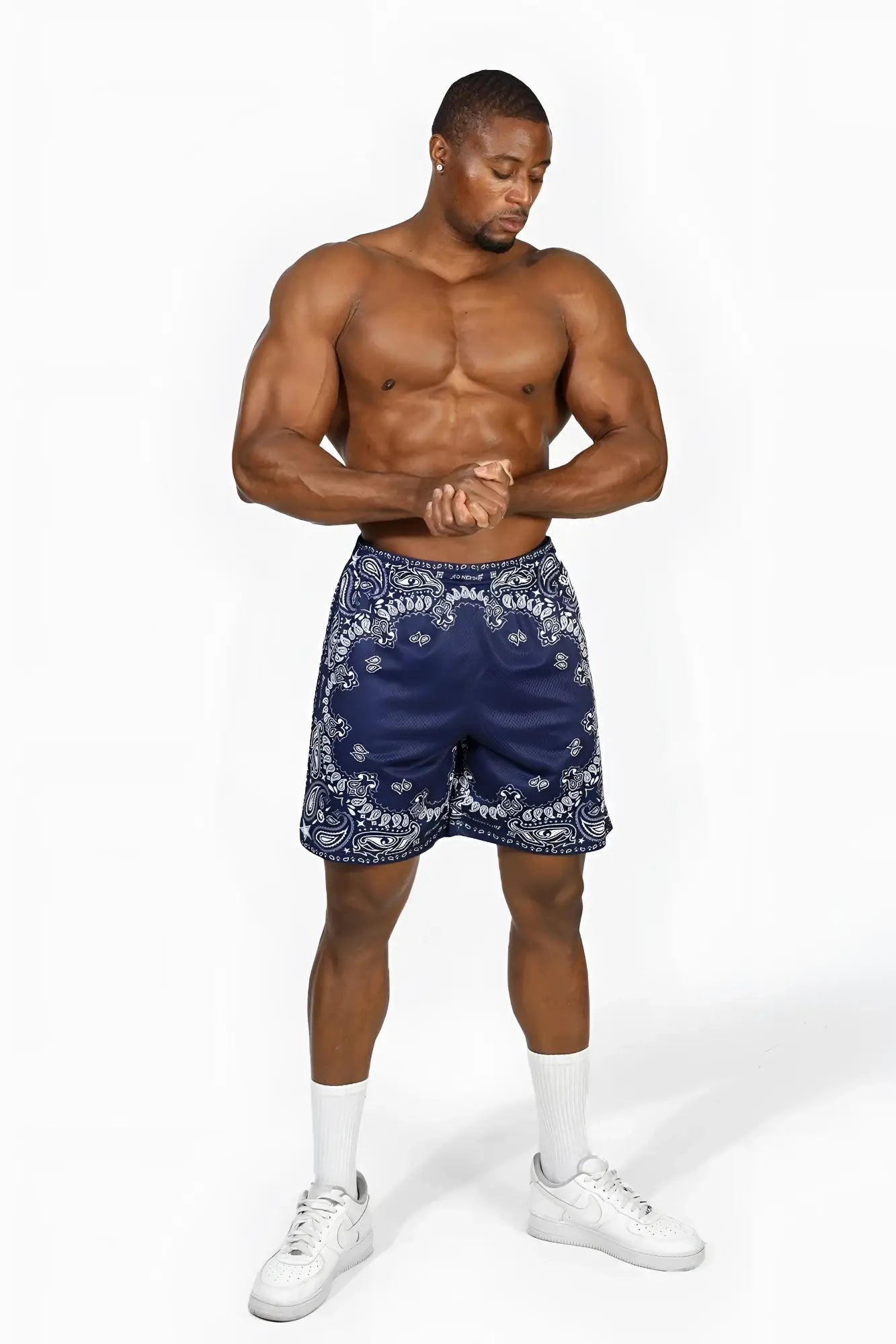 Navy blue Jed North Jersey Mesh 7.5 inch gym shorts with paisley bandana pattern made from breathable mesh material