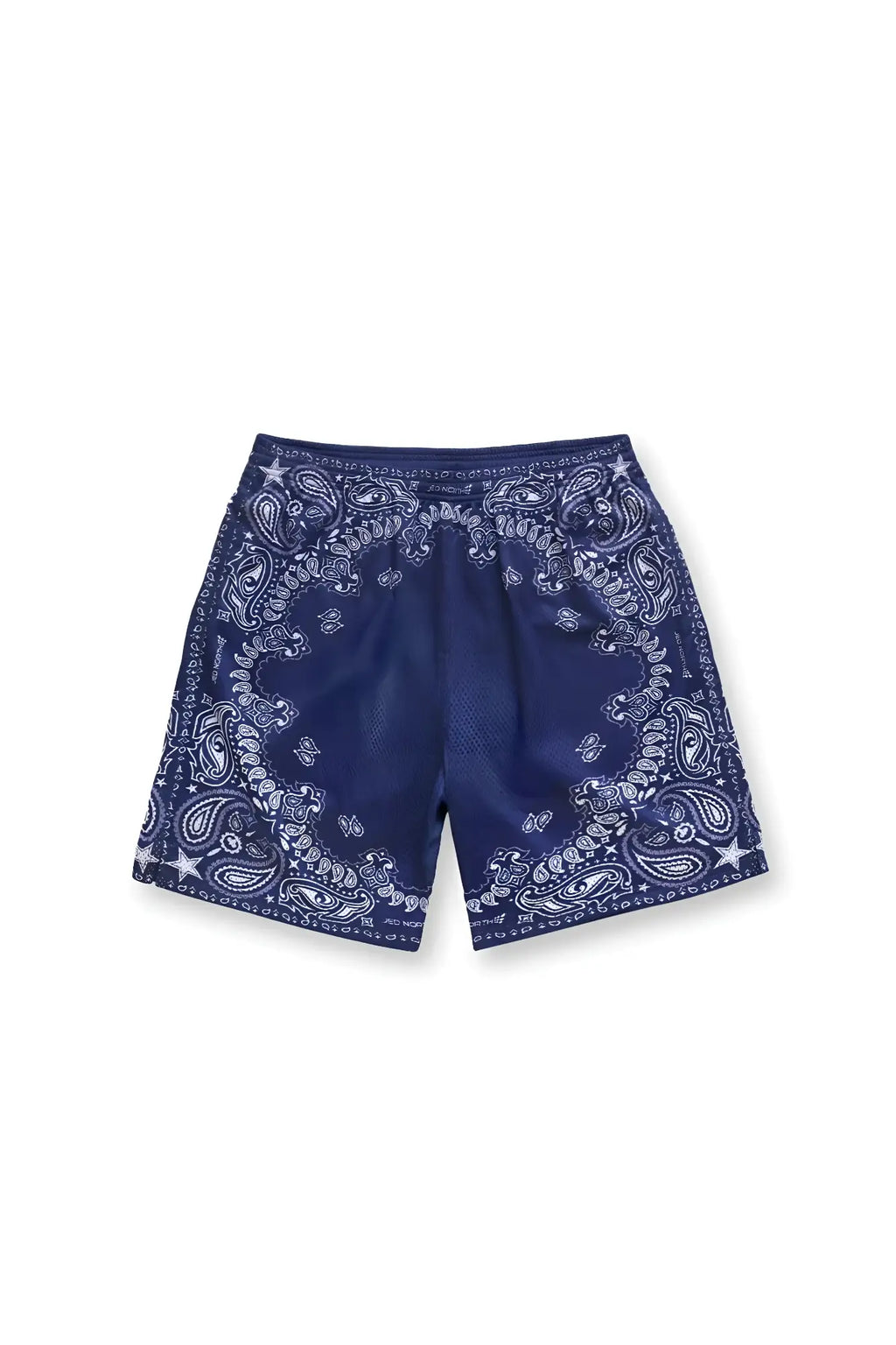 Navy blue jed north jersey mesh gym shorts with white paisley and star bandana print 7.5 inch inseam