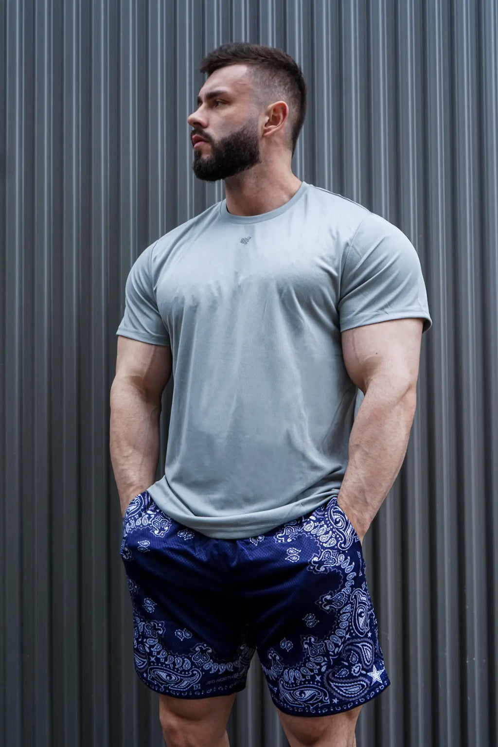 A man wearing jed north jersey mesh navy paisley 7.5 inch gym shorts and a light gray short-sleeved t-shirt