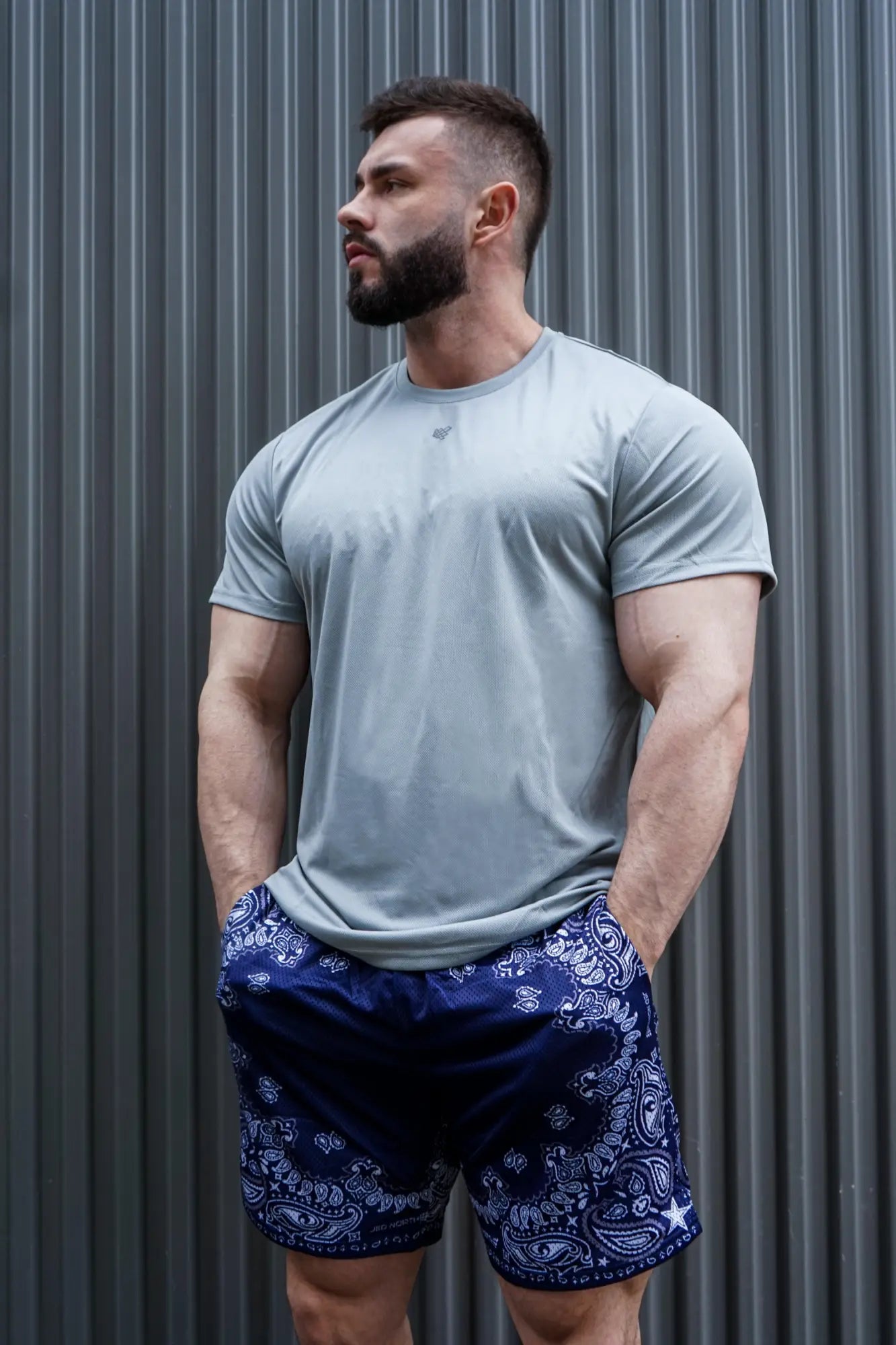 A man wearing jed north jersey mesh navy paisley 7.5 inch gym shorts and a light gray short-sleeved t-shirt